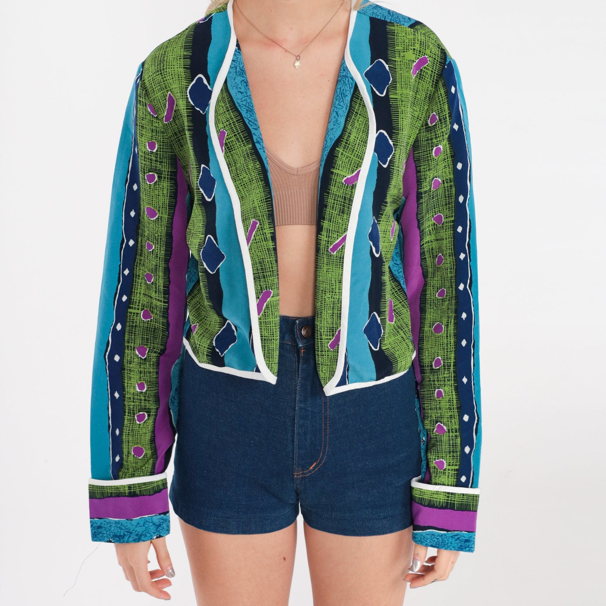90s Geometric Striped Open Front Blazer Cropped Jacket Blue Green Purple Medium