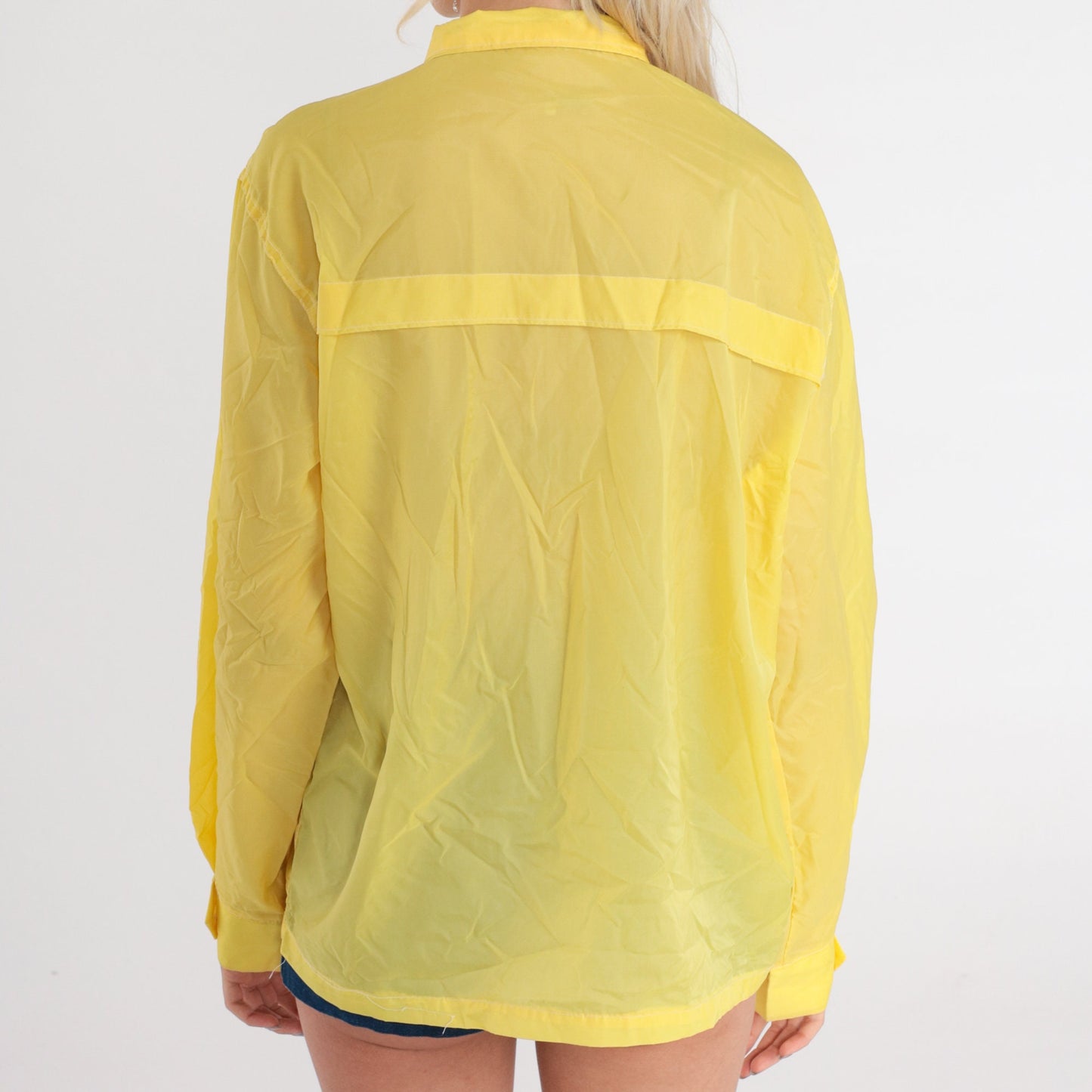 70s Yellow Nylon Windbreaker Jacket Semi-Sheer Shell Zip Front Medium