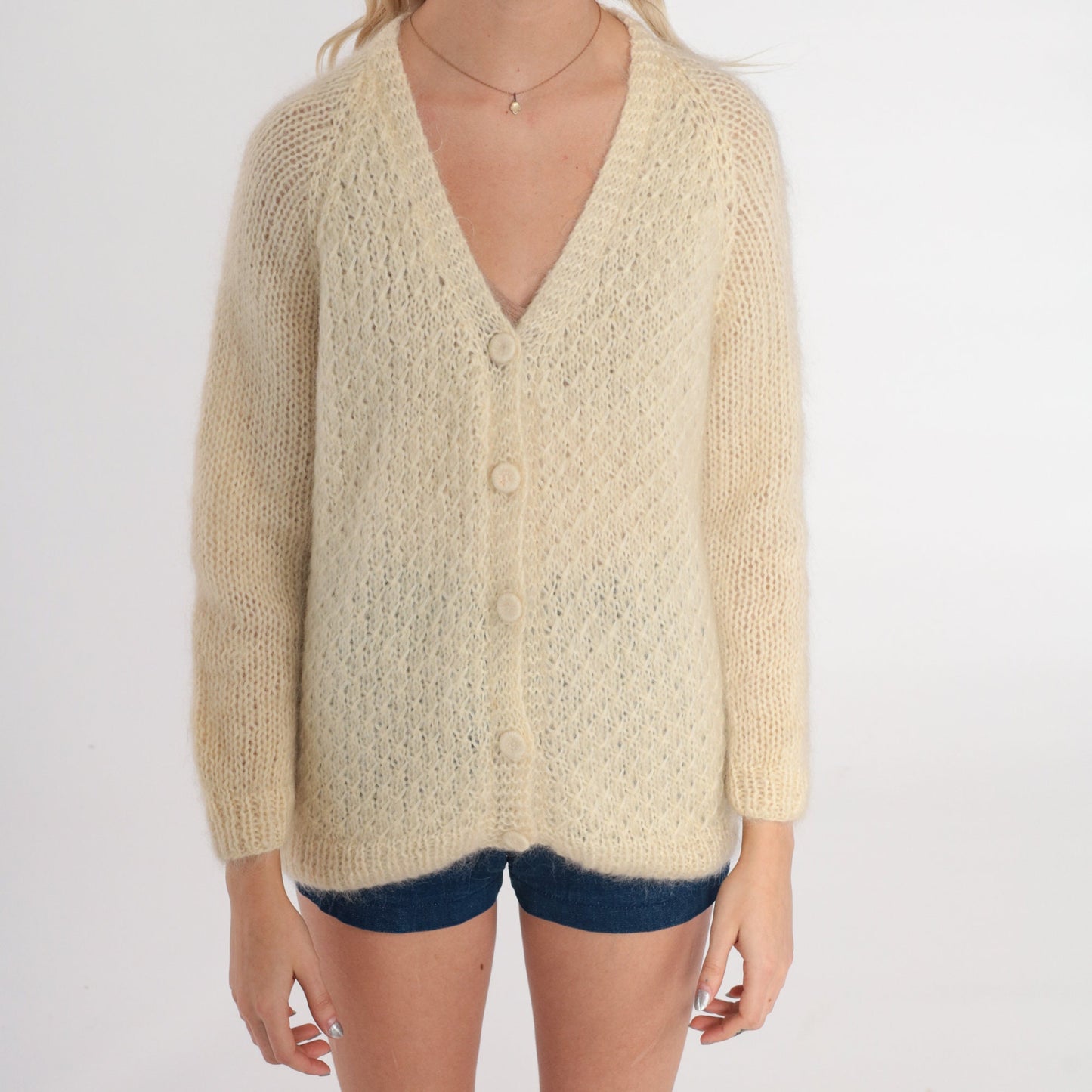 70s Cream Wool Cardigan Chunky Knit Button-Up Sweater Medium M