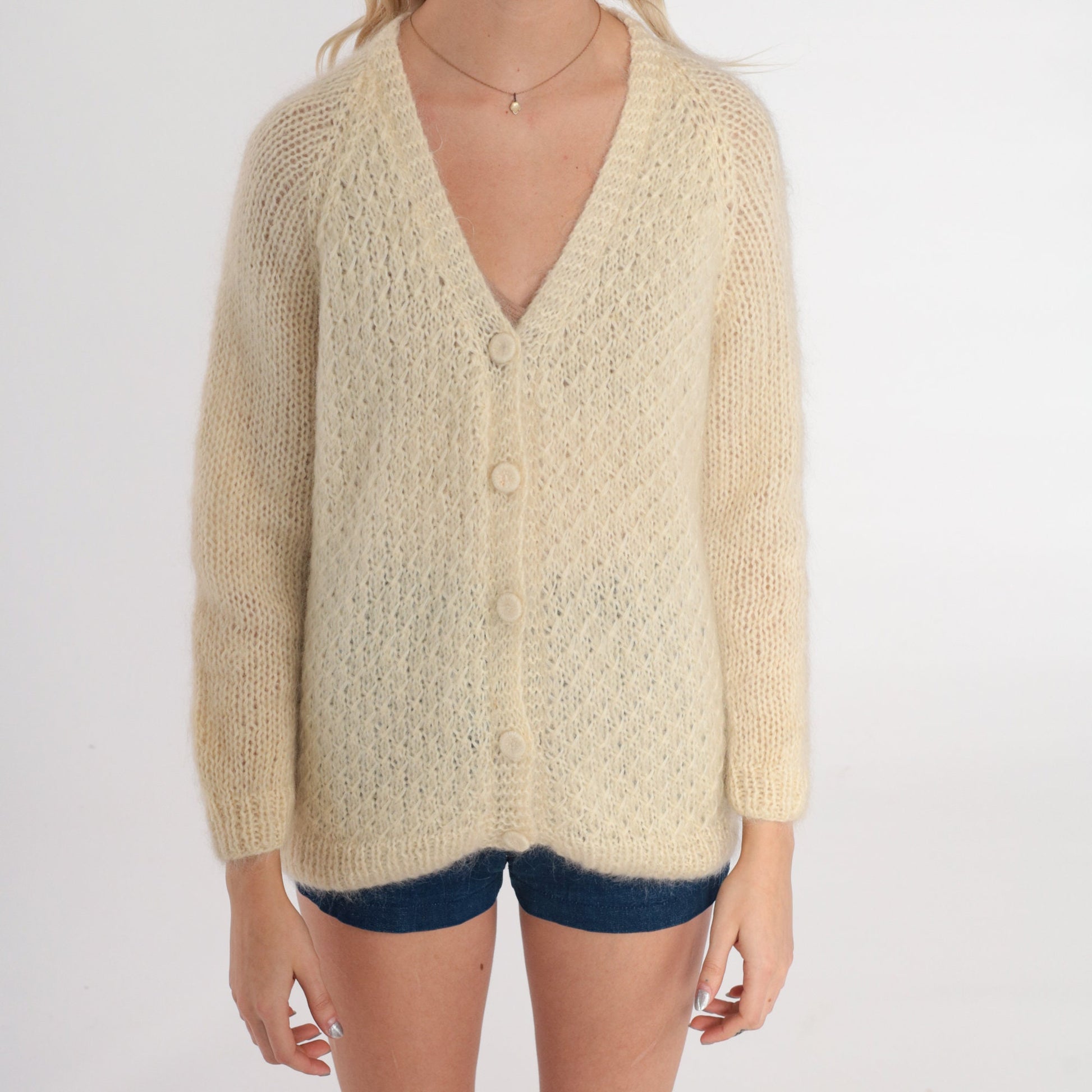 70s Cream Wool Cardigan Chunky Knit Button-Up Sweater Medium M