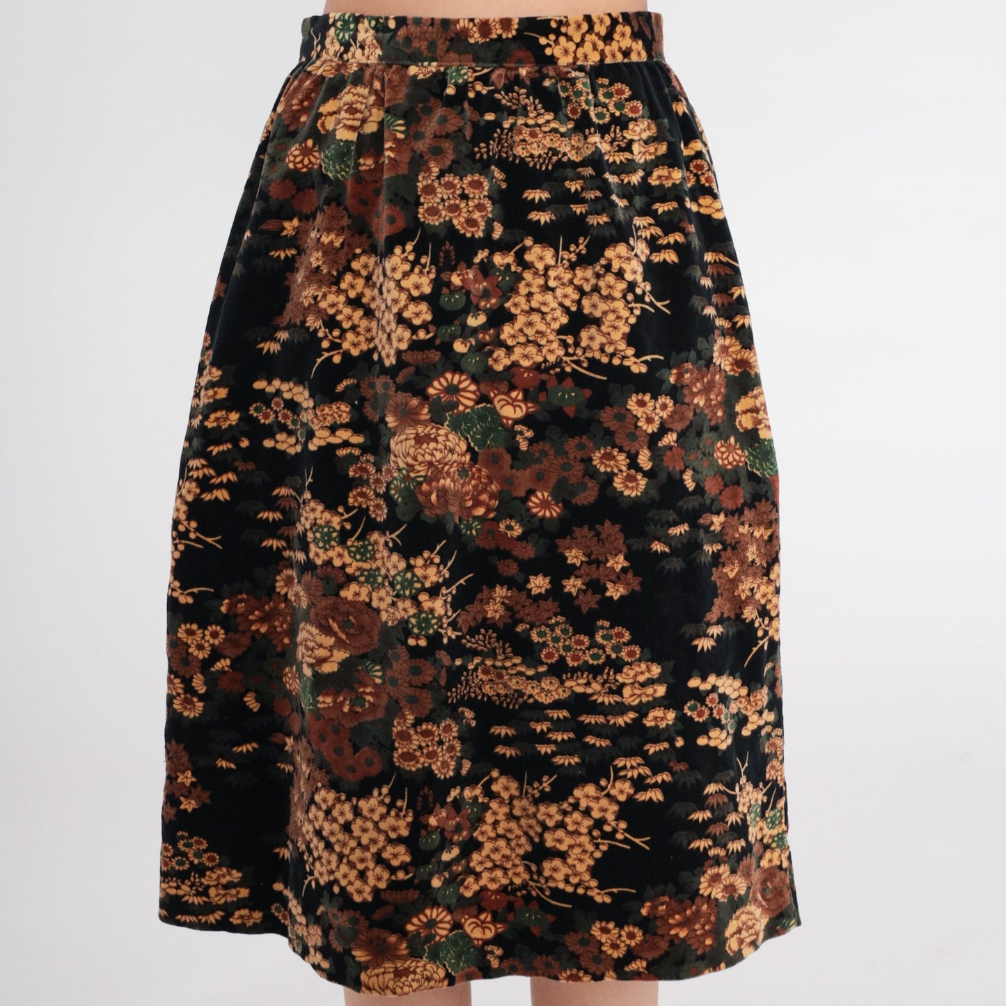 80s Black Velvet Floral Midi Skirt High Waisted Pencil Cut Small