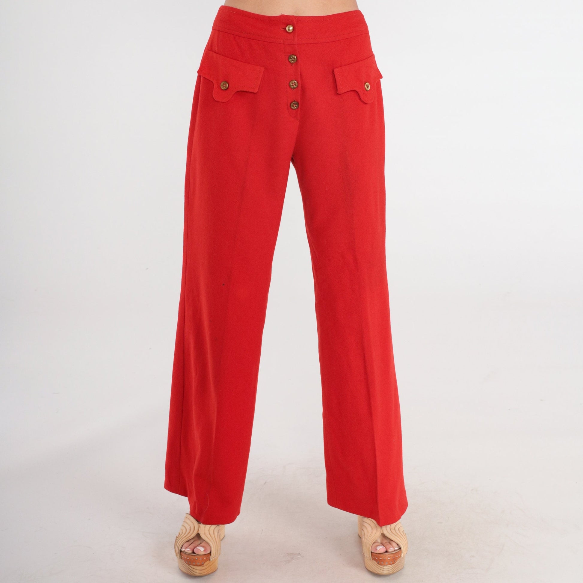 70s Red Wool Bell Bottom Trousers High Waist Button Fly Small