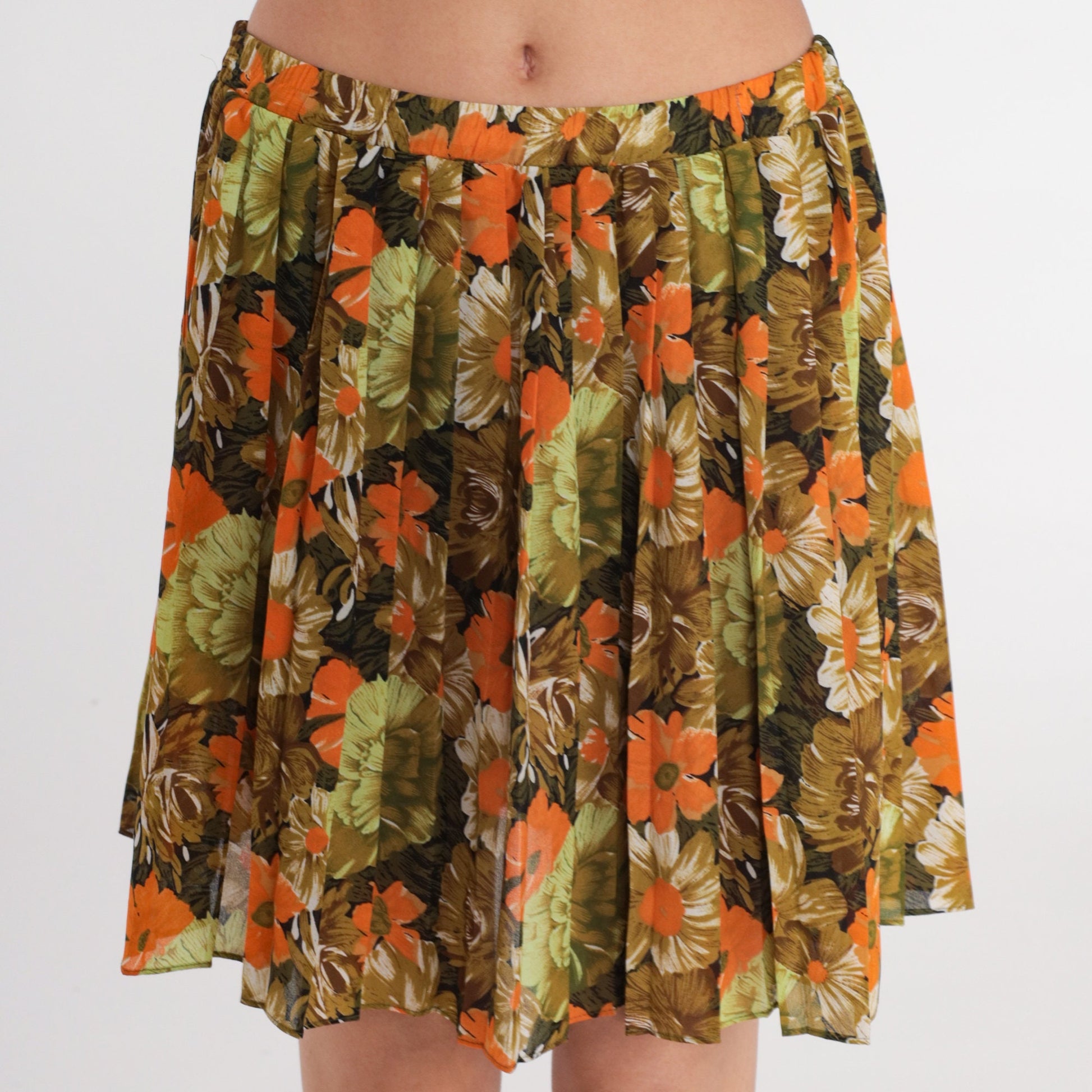 80s Floral Pleated Mini Skirt Olive Green Orange Flower Print Small Medium