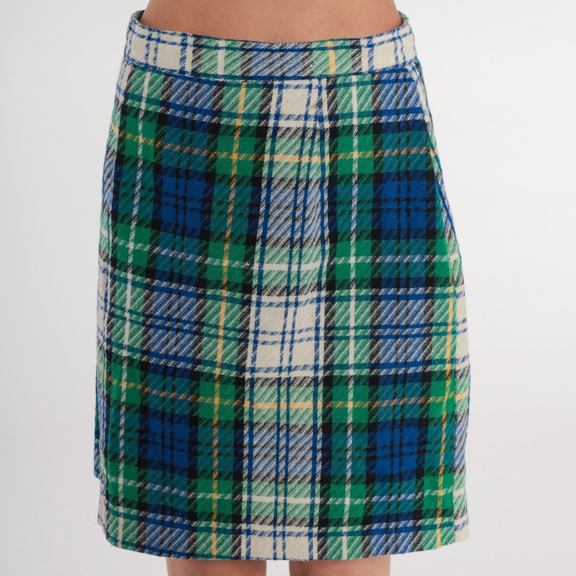 70s Plaid Wool Blend Mini Skirt High Waist Tartan White Blue Green Small