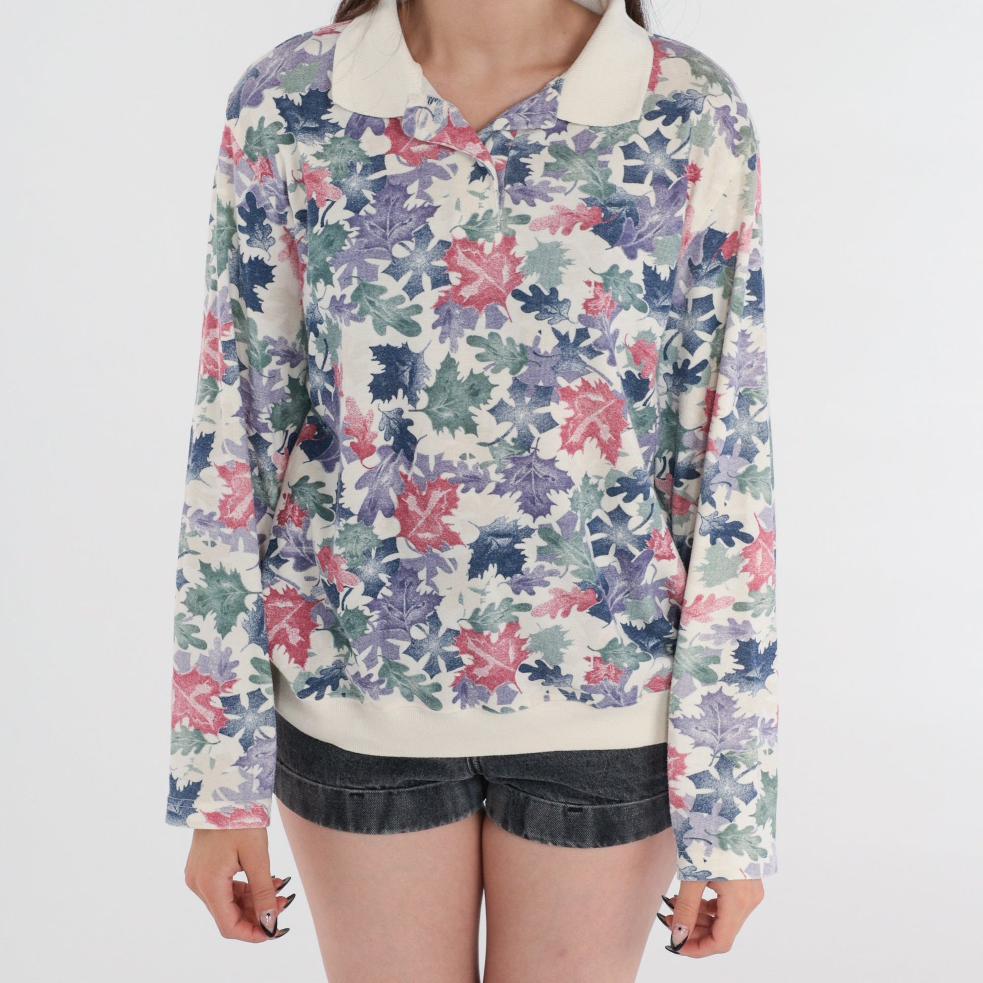 90s Leaf Print Collared Sweatshirt Blair Polo Cream Multi Large L