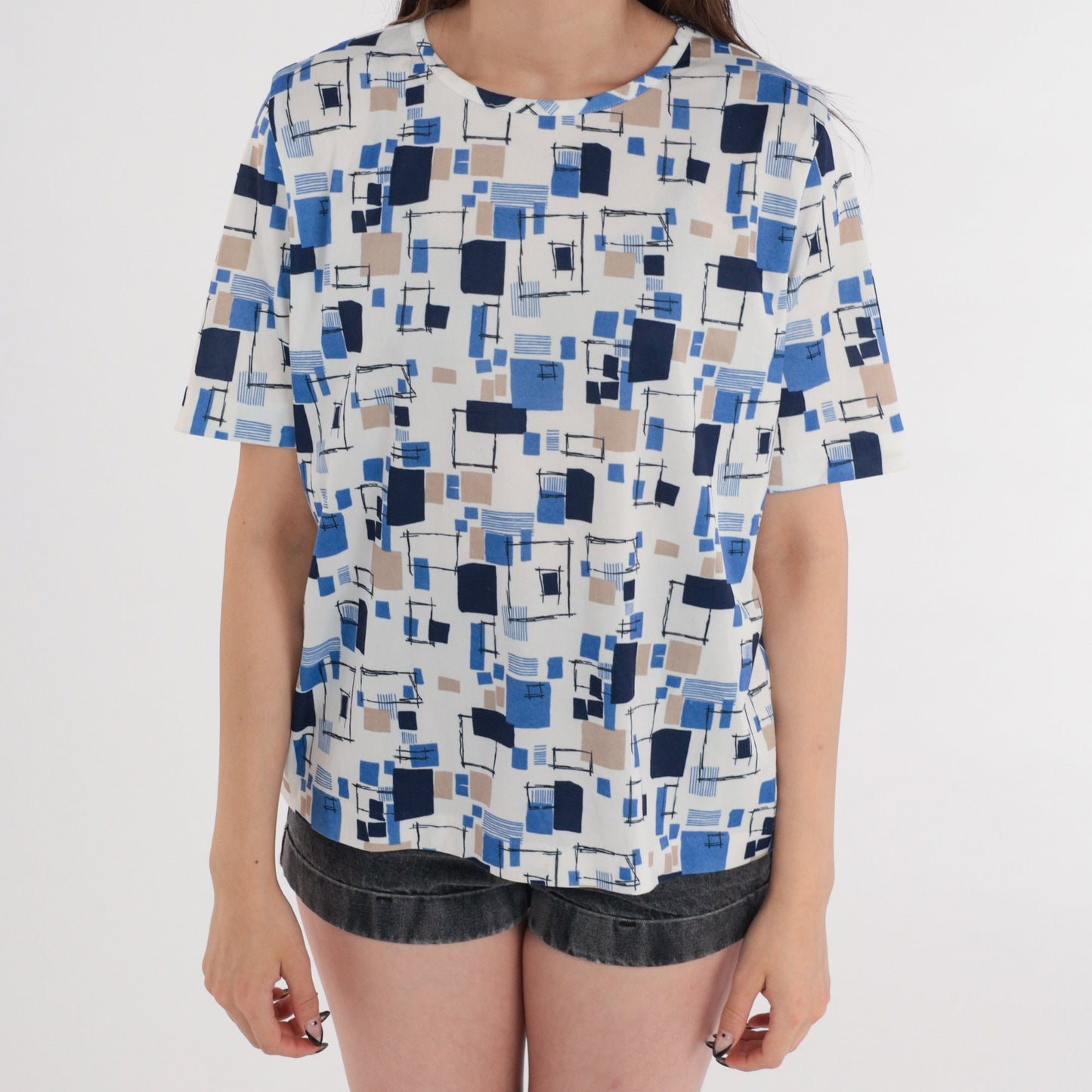 90s Geometric Square Print Blouse Short Sleeve White Blue Beige Large L