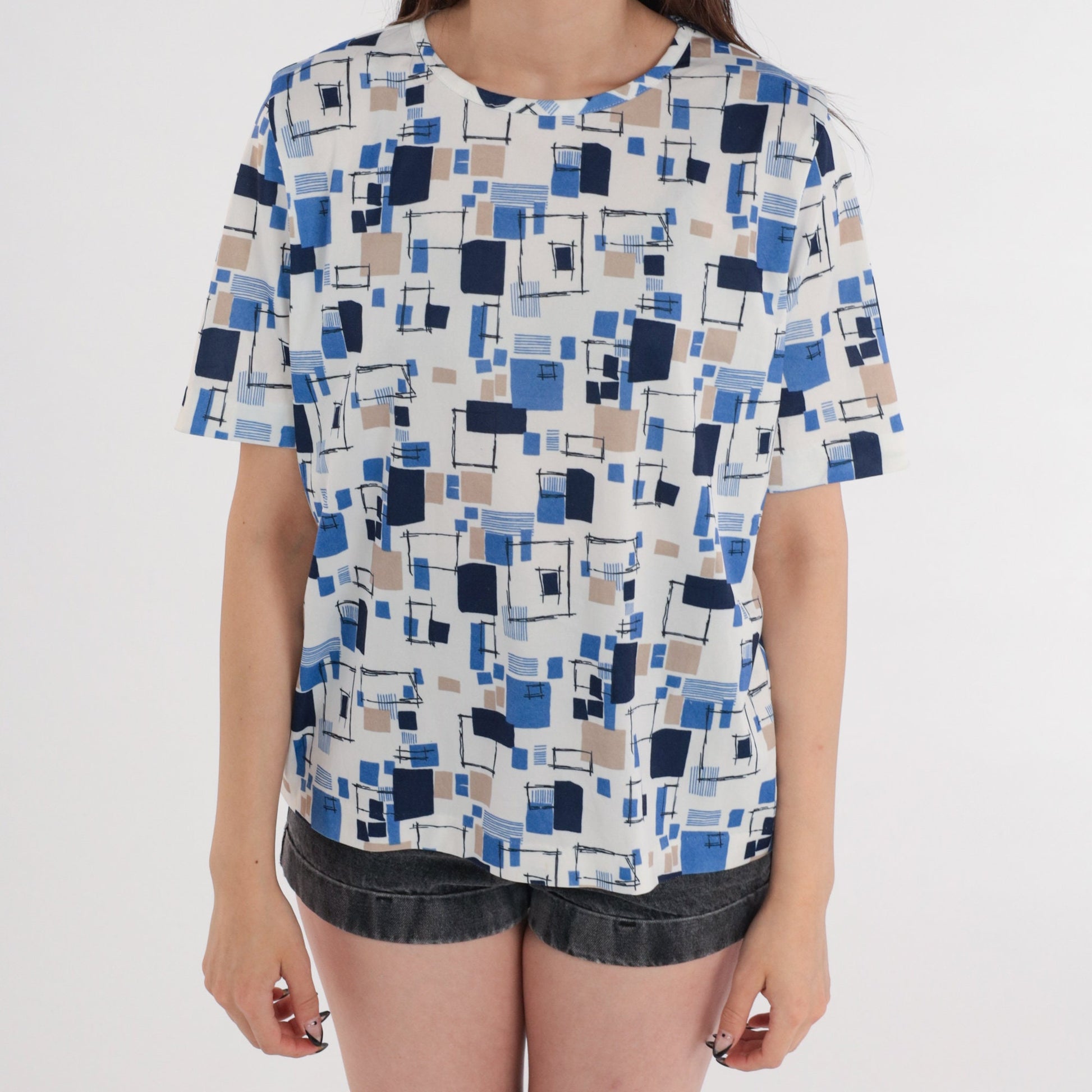 90s Geometric Square Print Blouse Short Sleeve White Blue Beige Large L