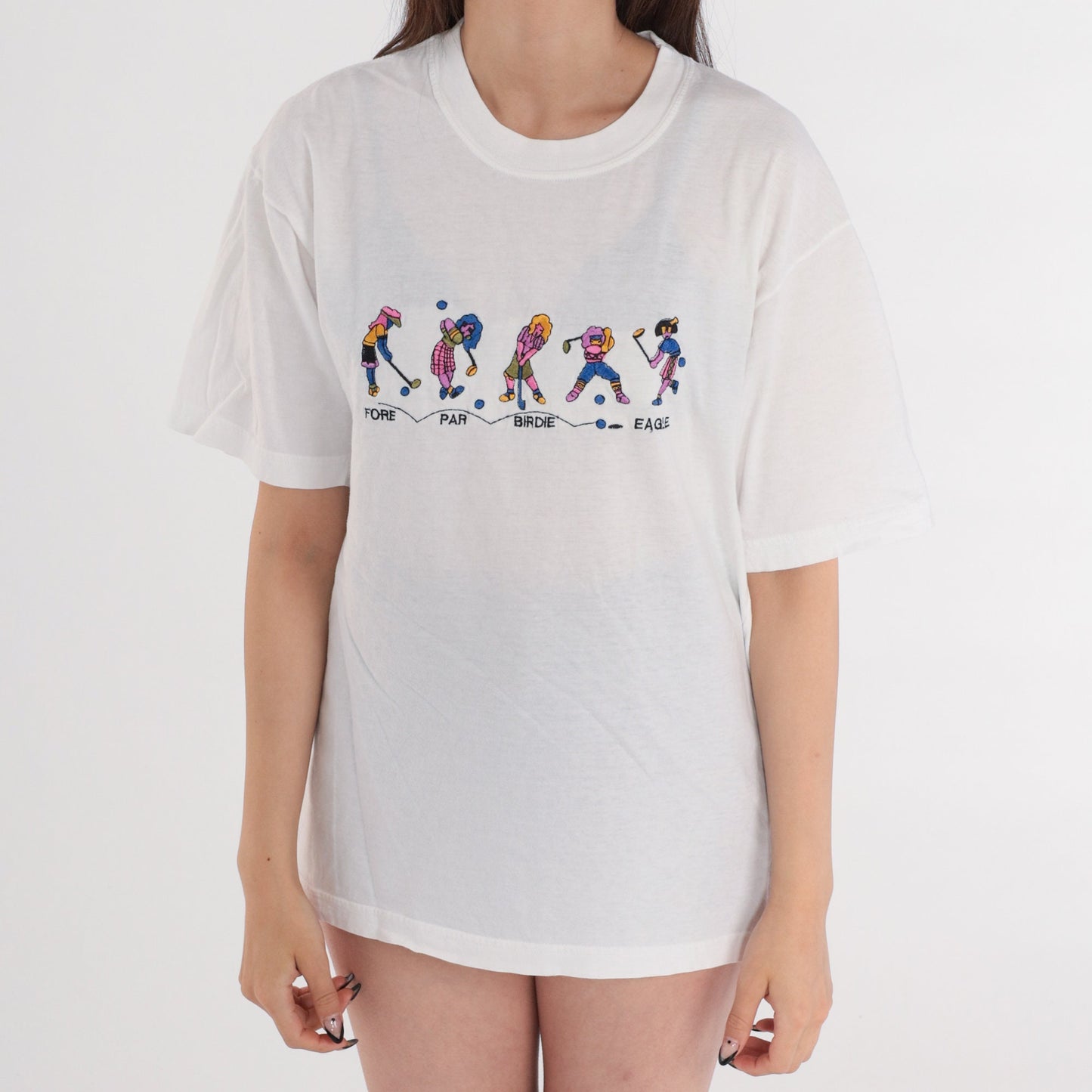 00s Golfer Girl Embroidered Golf Graphic T-Shirt White Cotton Medium