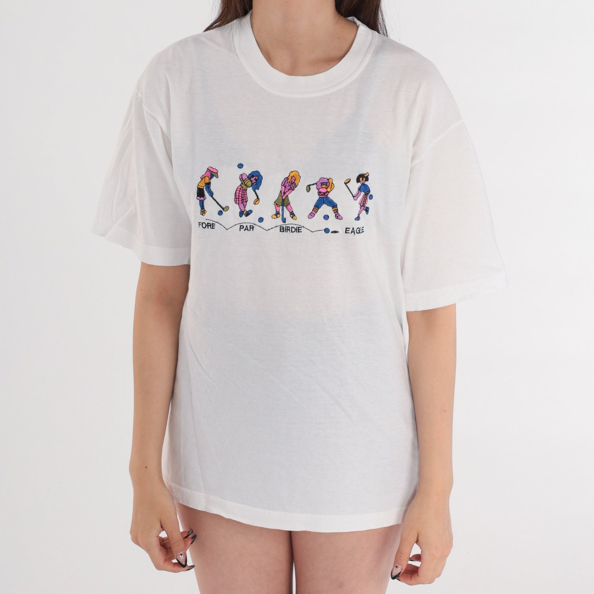 00s Golfer Girl Embroidered Golf Graphic T-Shirt White Cotton Medium