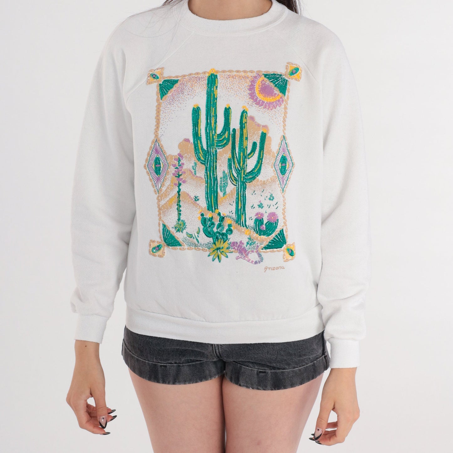 90s Arizona Desert Glitter Sweatshirt White Cactus Graphic Crewneck Medium M