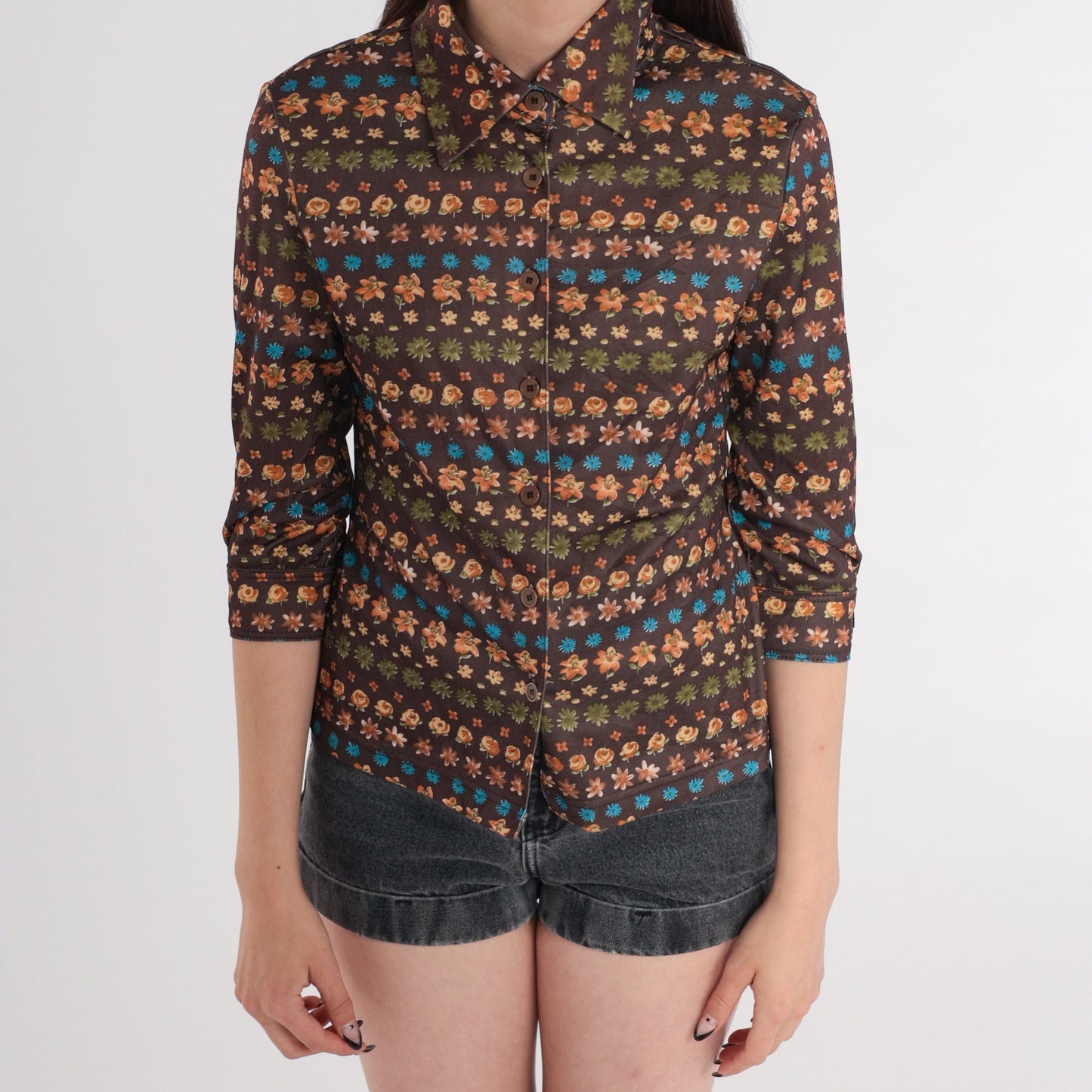 Y2K Brown Floral Button-Up Blouse Dagger Collar Long Sleeve Extra Small