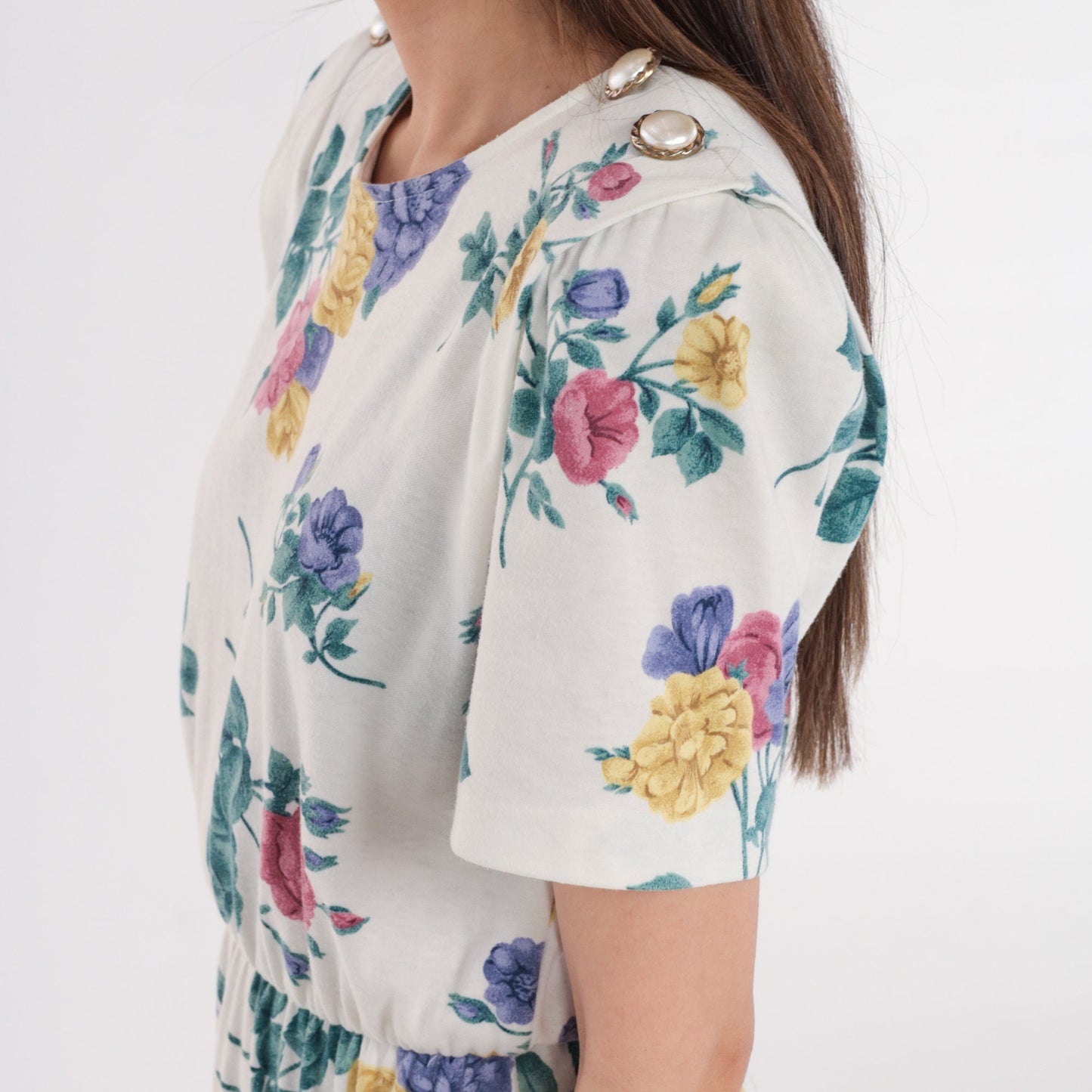 80s White Floral Midi Dress High Waist Puff Sleeve Button Shoulder Small
