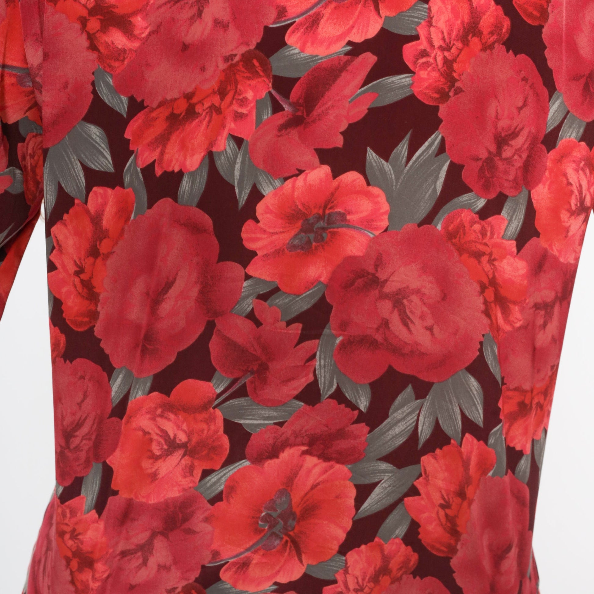 80s Jaeger Floral Ascot Blouse Red Button-Up Long Sleeve Small