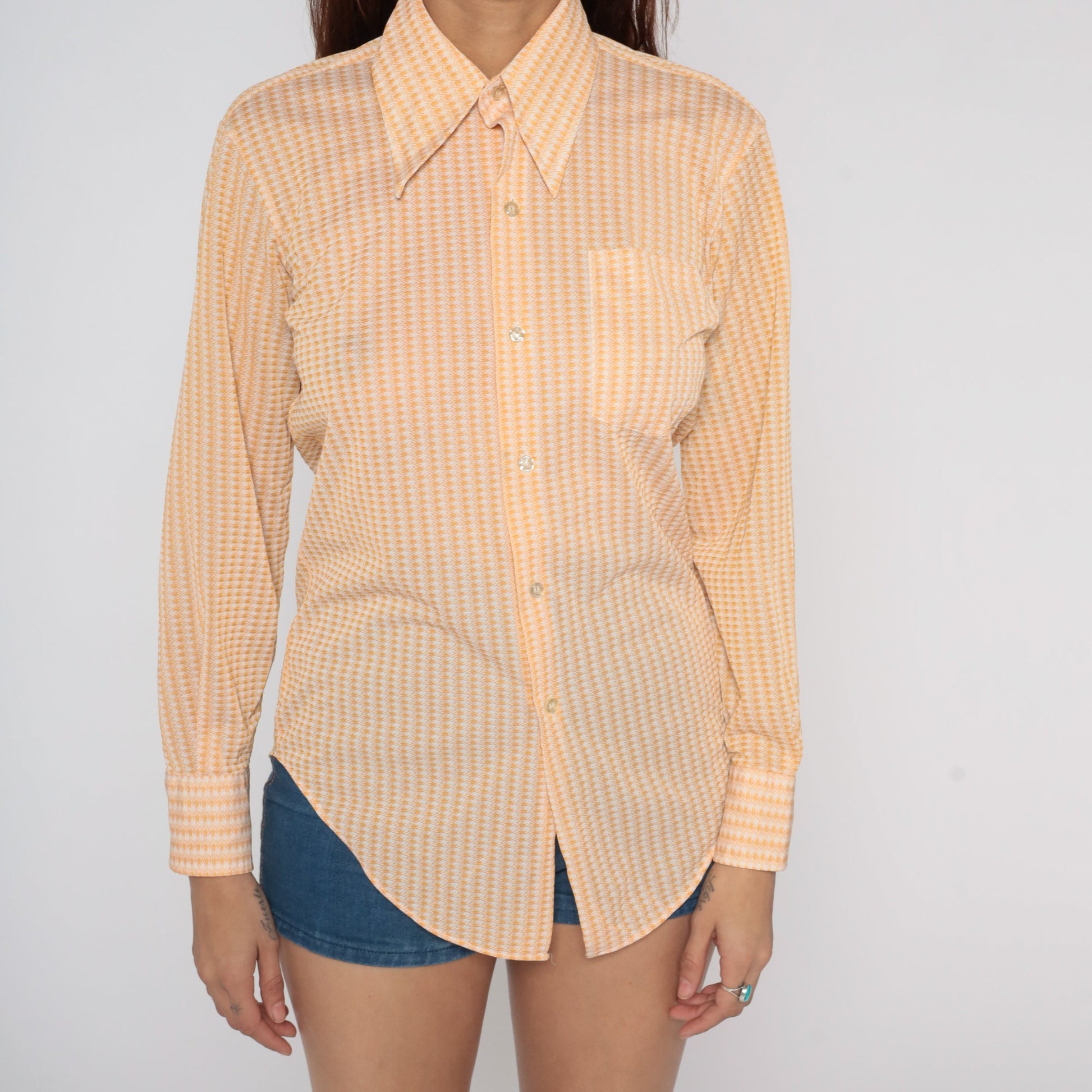70s Checkered Dagger Collar Shirt Orange Plaid Button-Up Medium