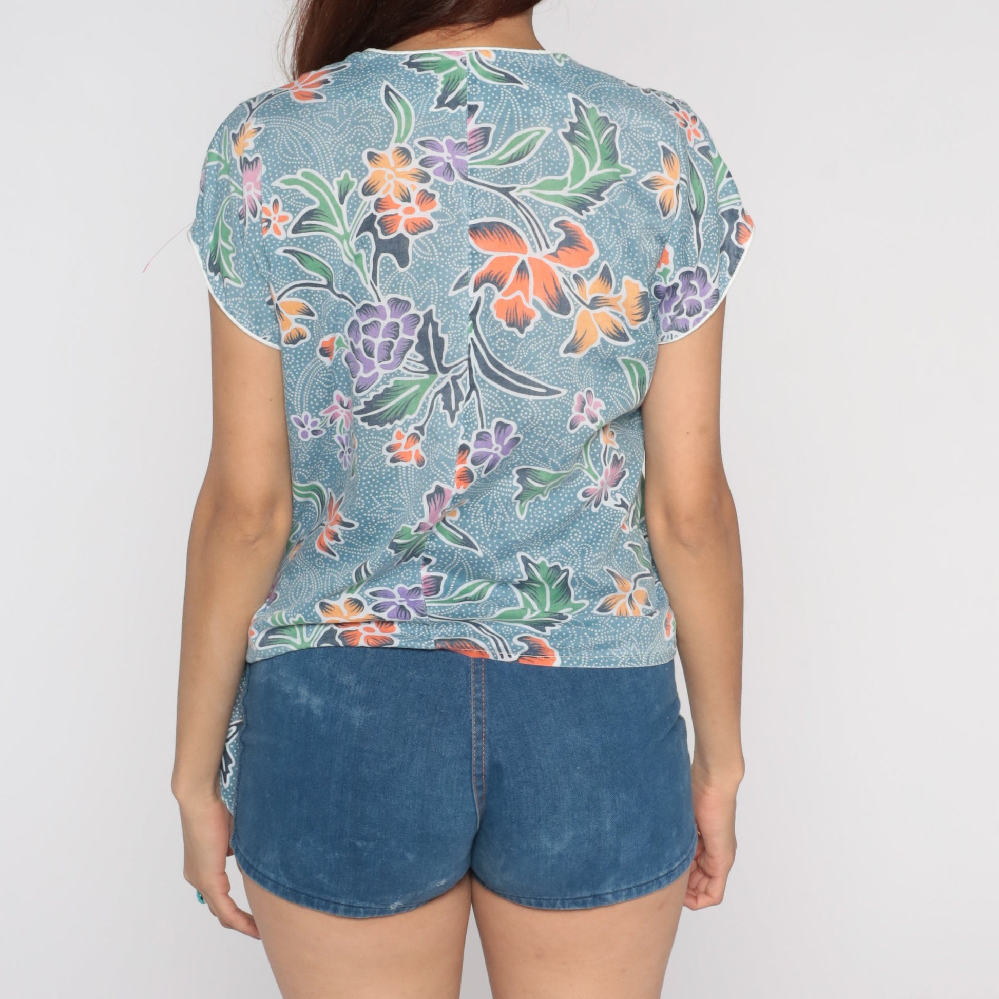80s Blue Floral Cap Sleeve Blouse Tie Waist V Neck Medium