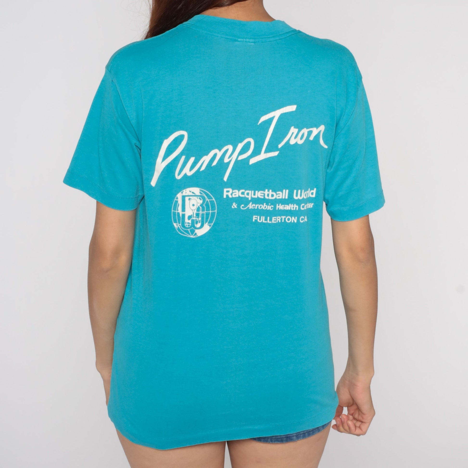 80s Join The Resistance Pump Iron Gym T-Shirt Blue Graphic Tee Medium