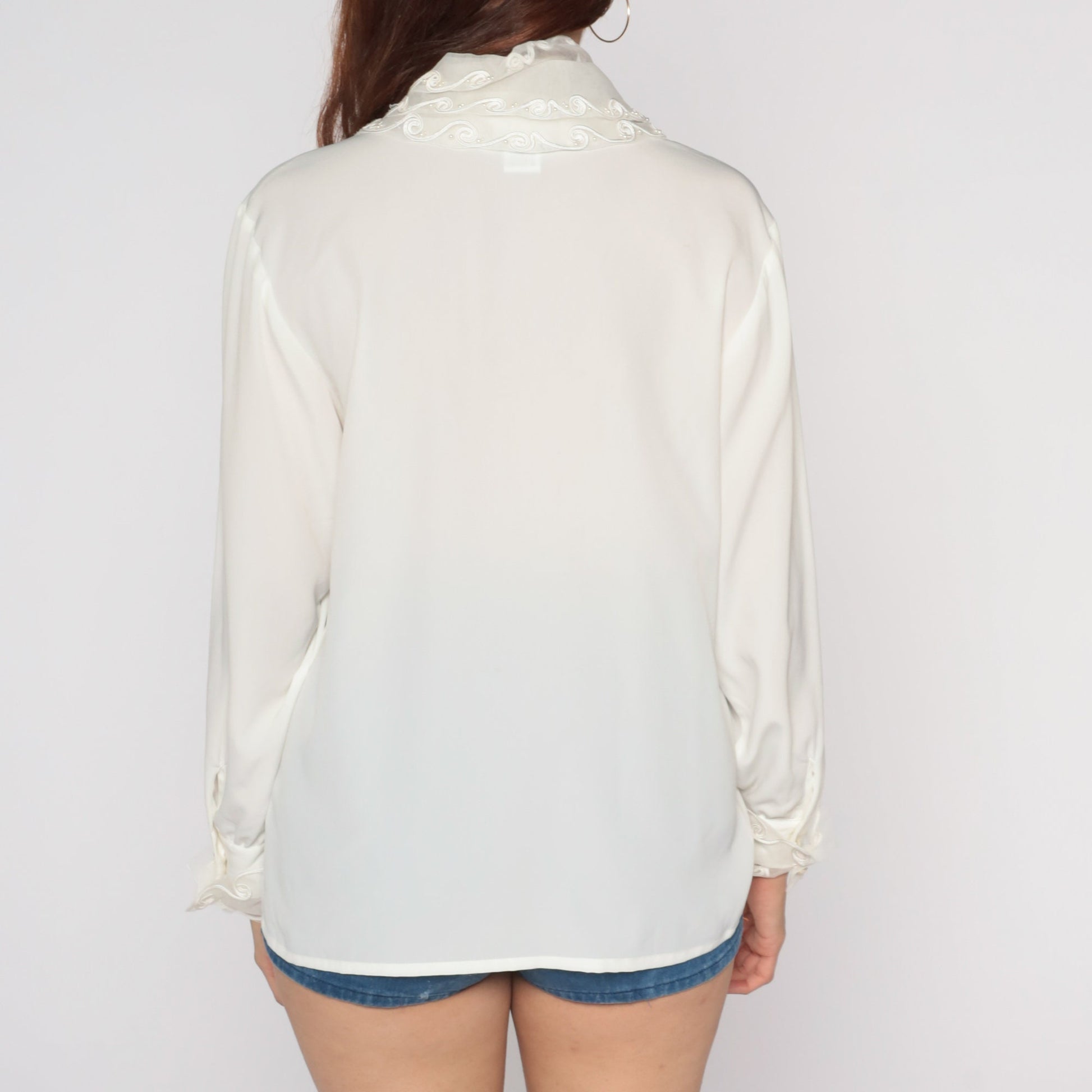 80s White Beaded Blouse Soutache Collar Button-Up Long Sleeve Small
