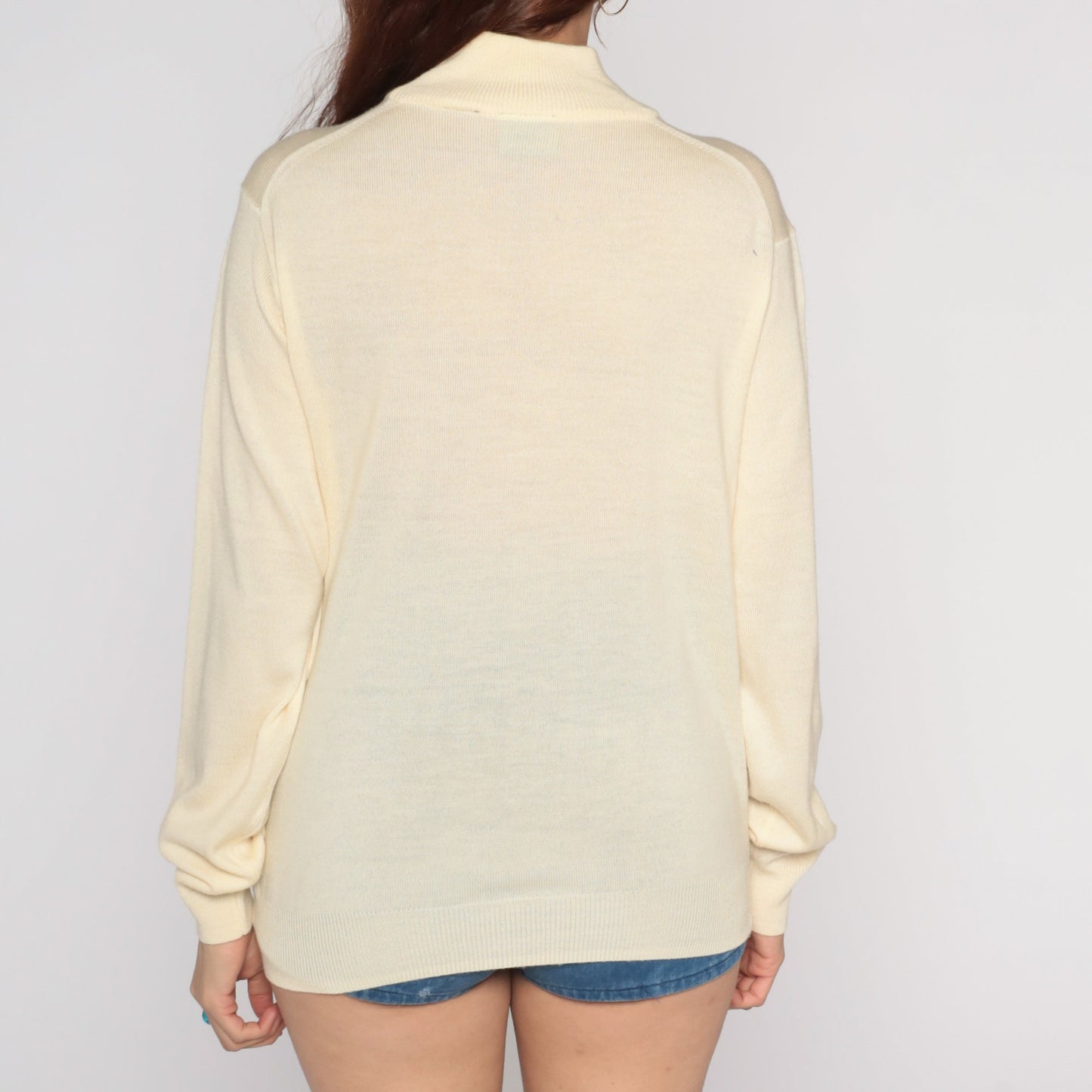 Y2K Merino Wool Mock Neck Sweater Cream Semi-Sheer Knit Small S