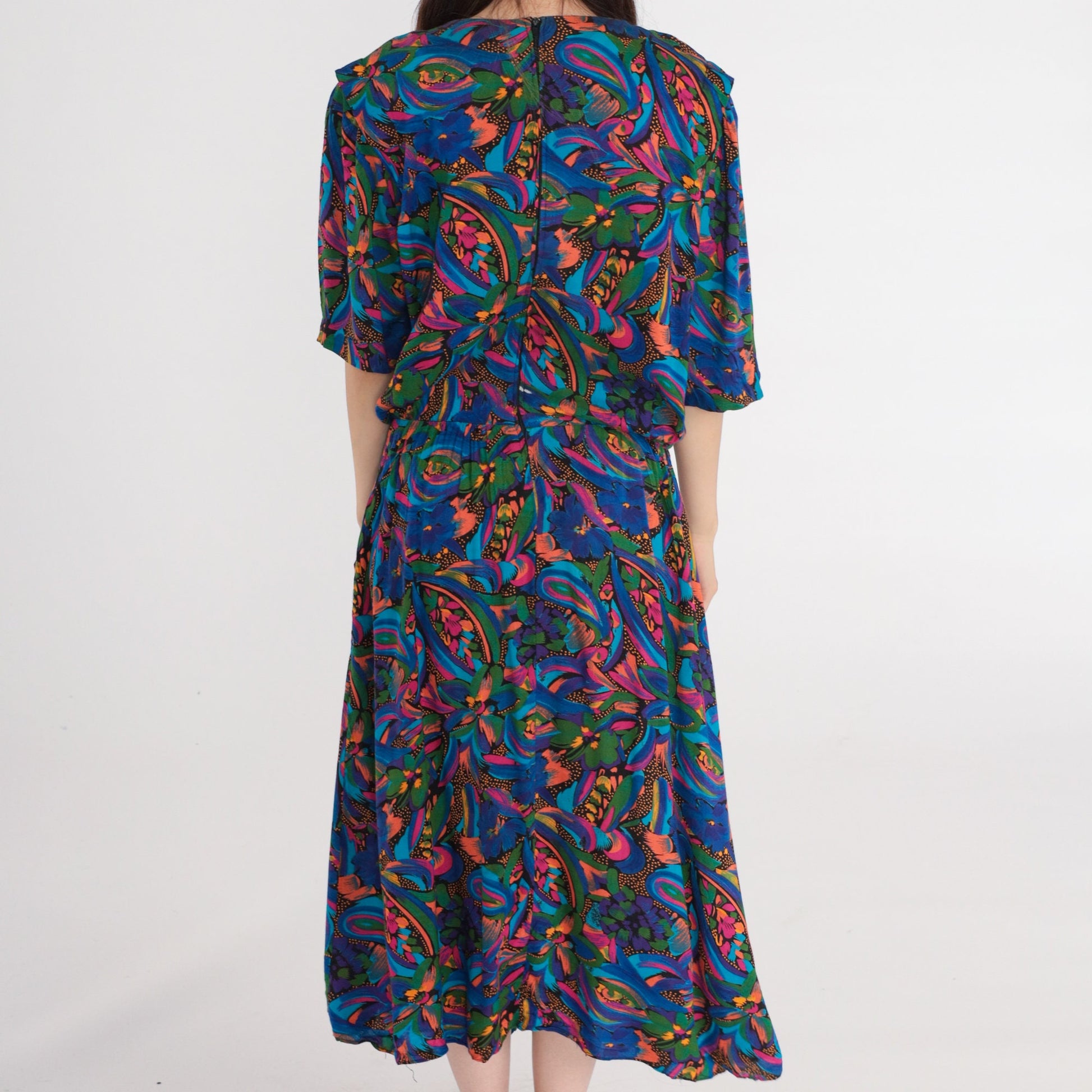 80s Paisley Floral Rayon Dress Drop Waist Pleated Midi Blue Pink Large L
