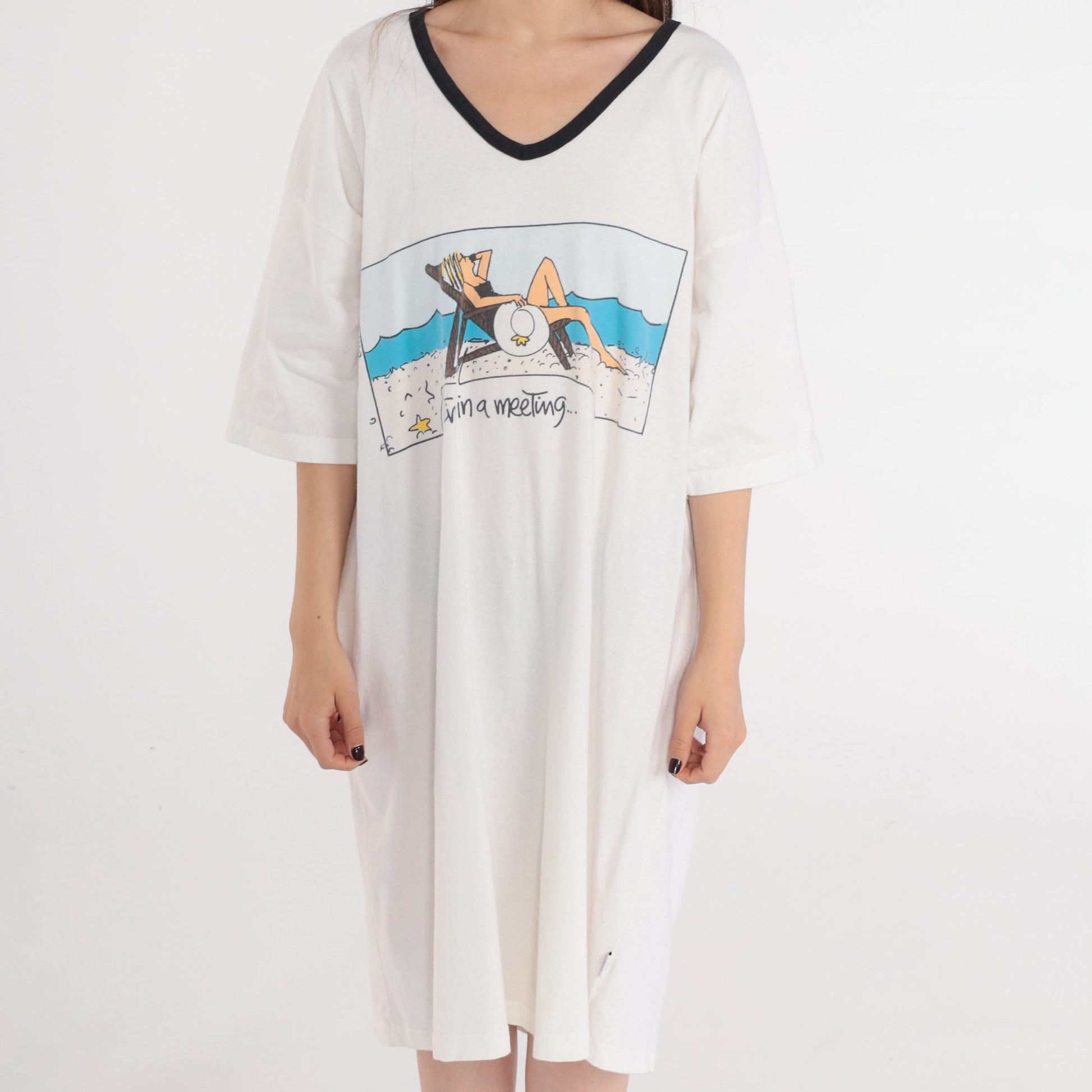 90s I'm In a Meeting Graphic T-Shirt Dress White Cotton Midi One Size