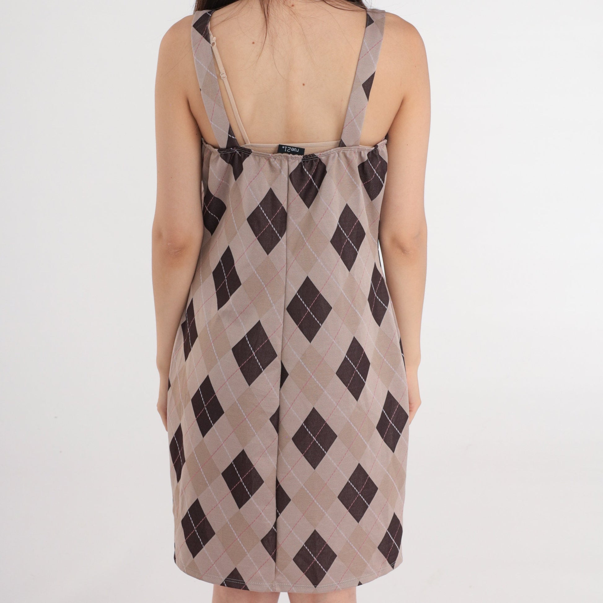 Y2K Tan Argyle Checkered Mini Sundress Spaghetti Strap Shift Small Medium