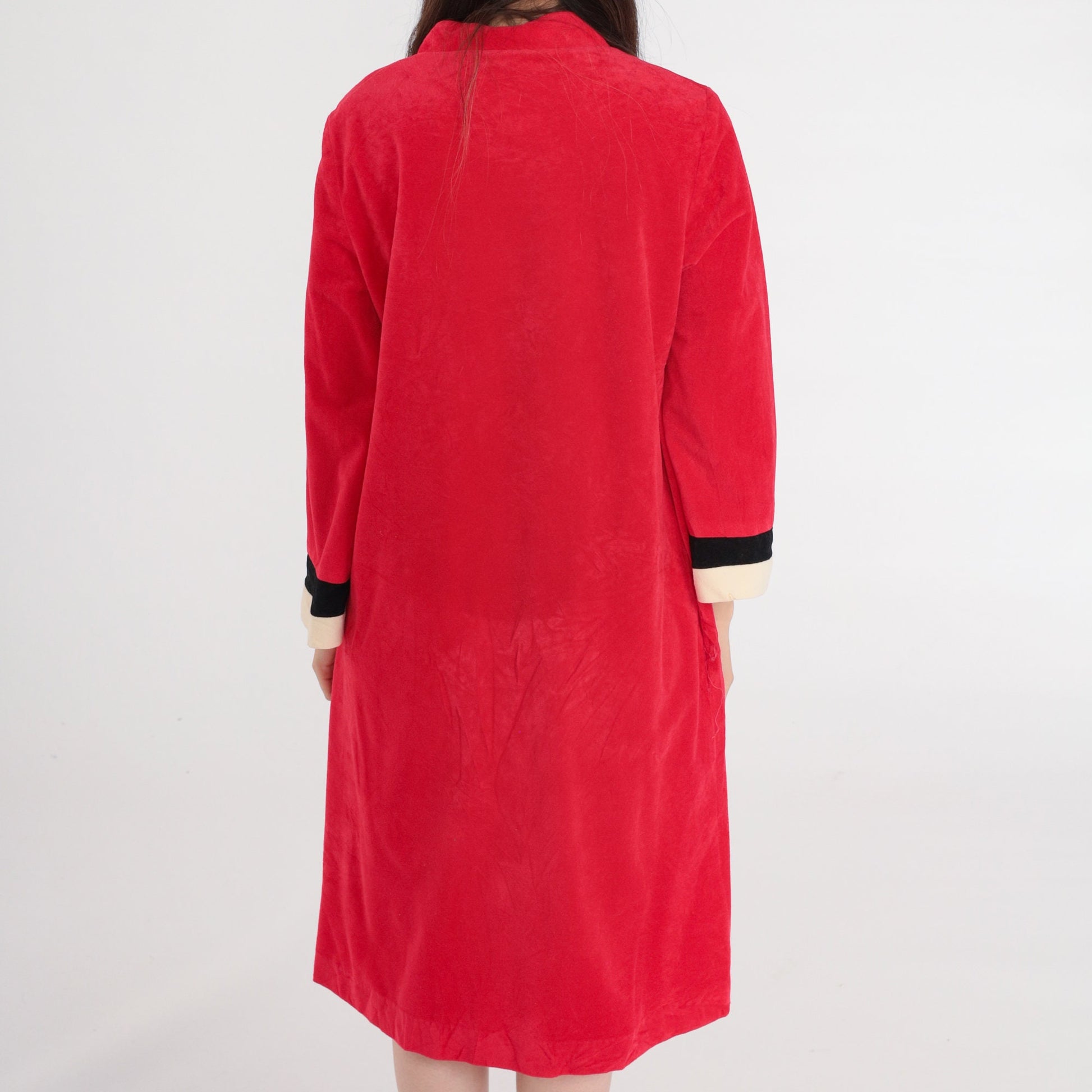 70s Red Striped Velour Robe Dress Mini Shift Front Zip Lounge Medium Large