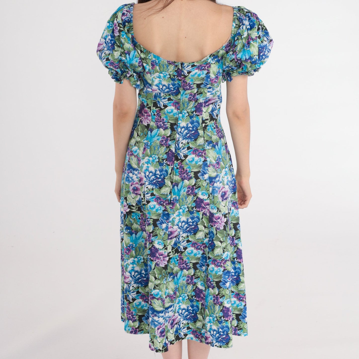 80s Floral Midi Dress Puff Sleeve Sweetheart Neckline Blue Purple Medium