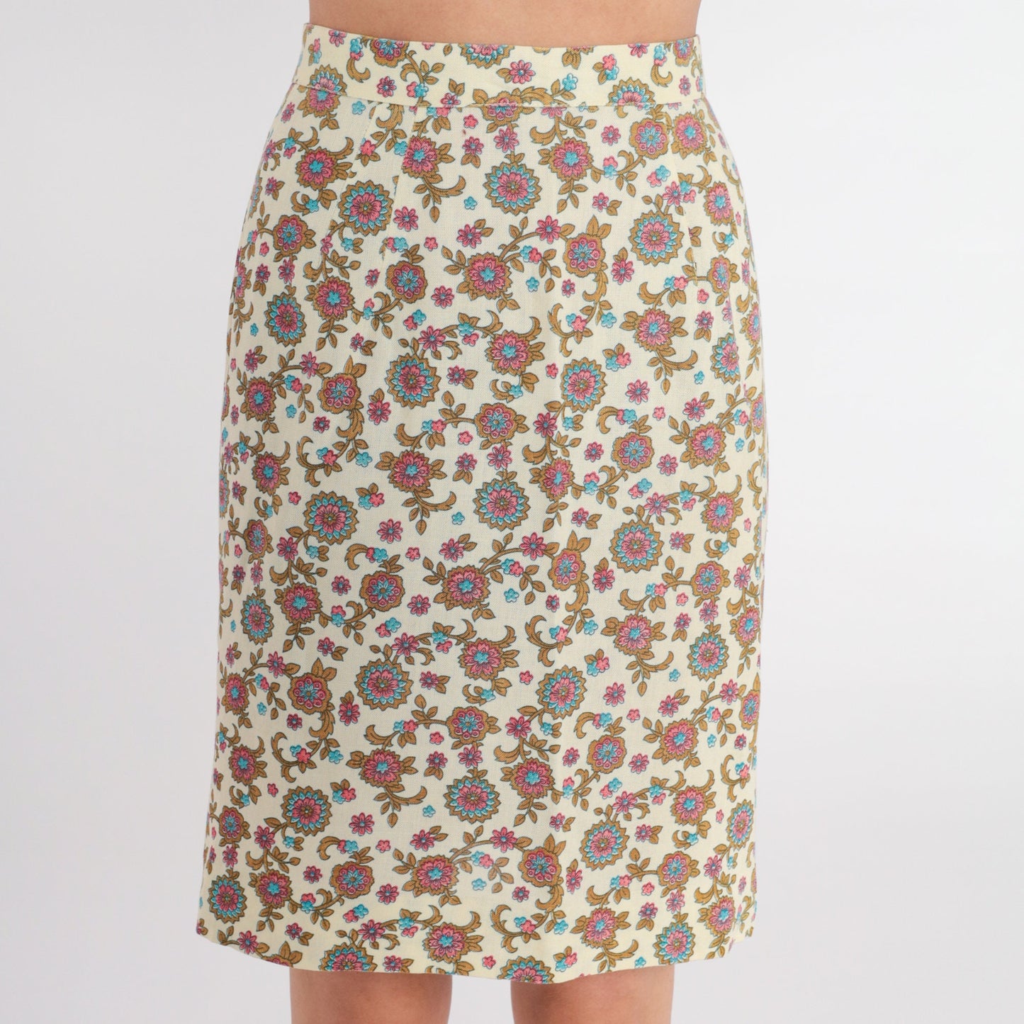 60s Floral Mini Skirt Cream Flower Print High Waisted Pencil Xs
