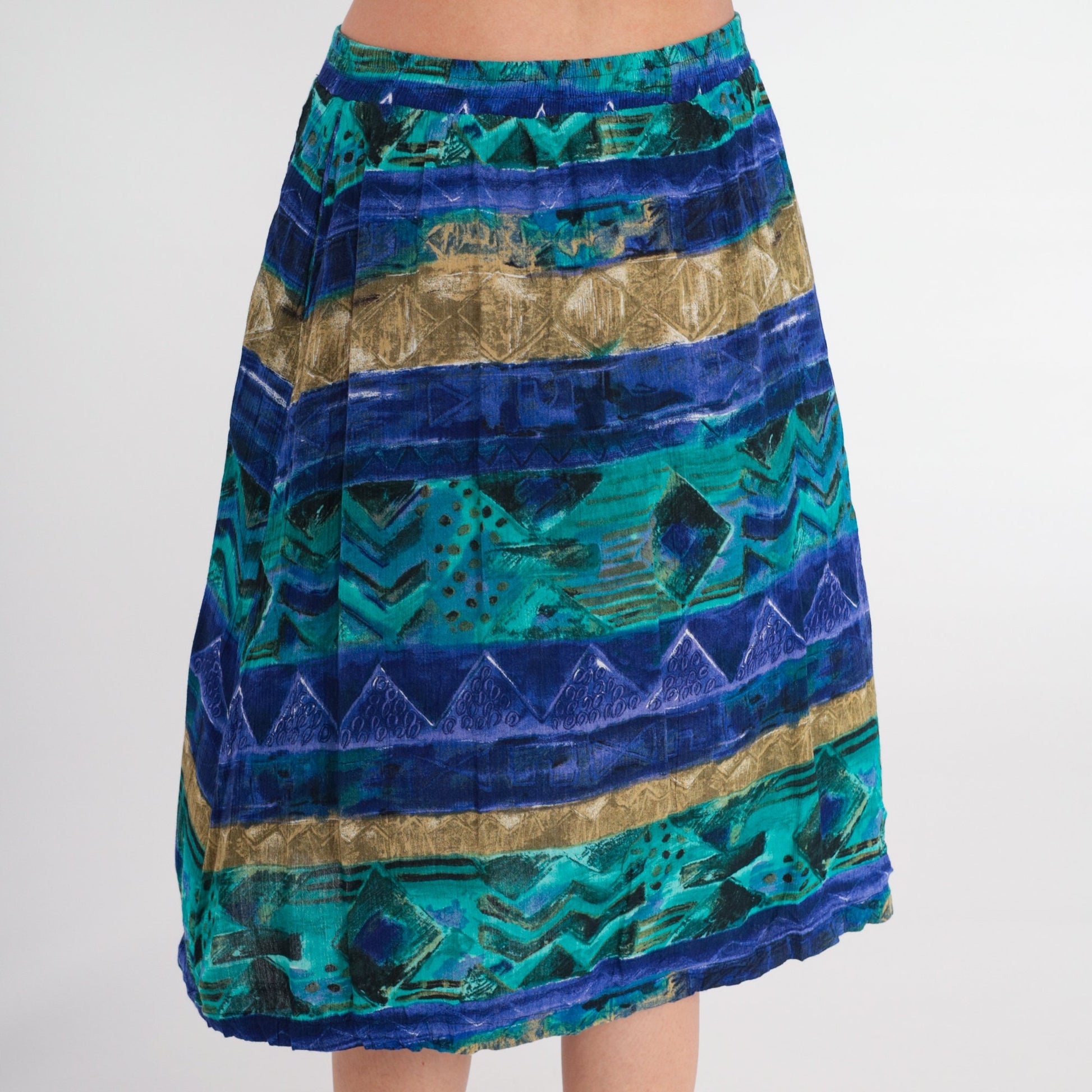 90s Abstract Striped Midi Skirt Button Front Blue High Waist Extra Large XXL