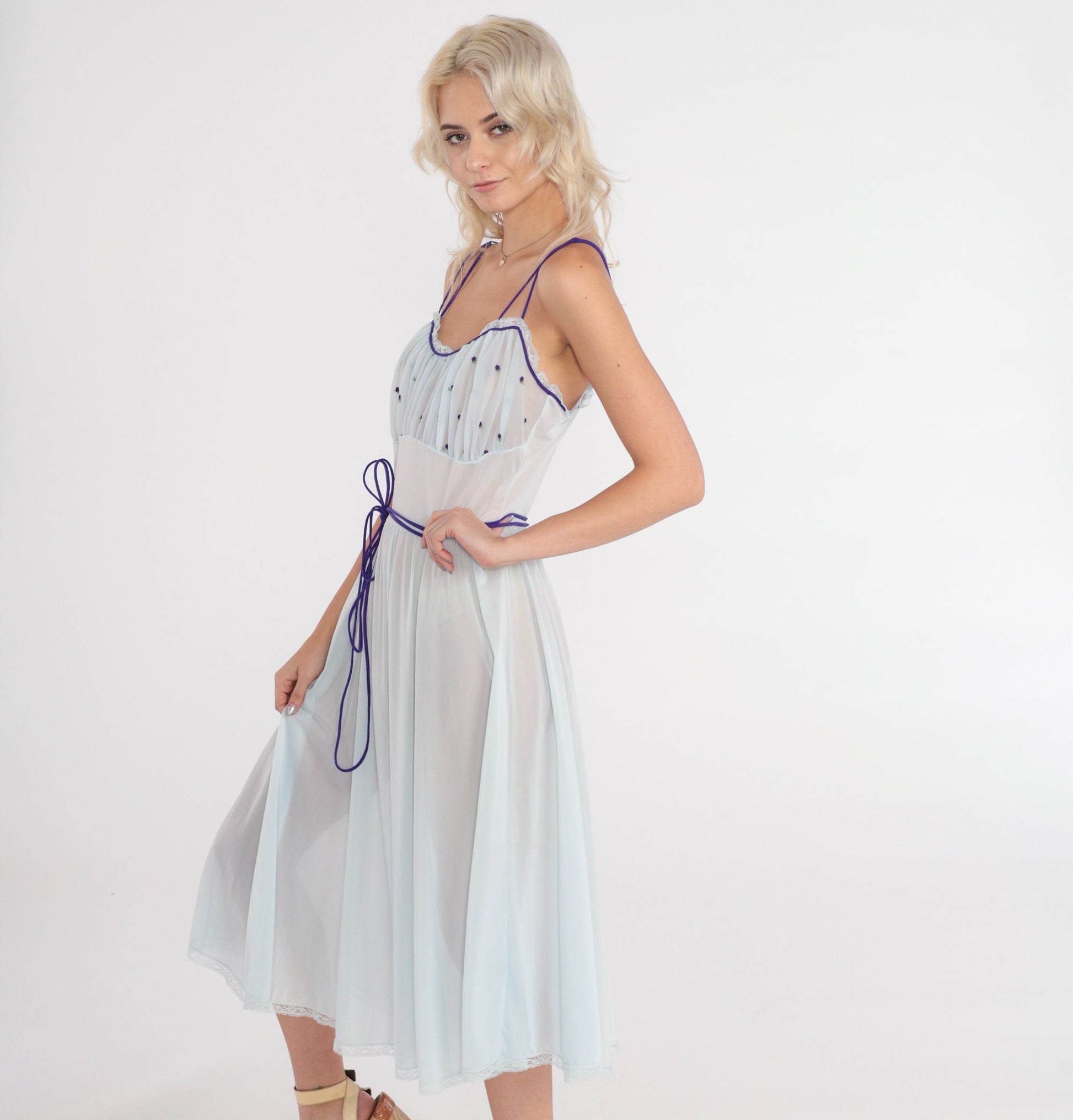 70s Sheer Blue Nightgown Floral Embroidered Lace Trim Empire Waist Midi Small