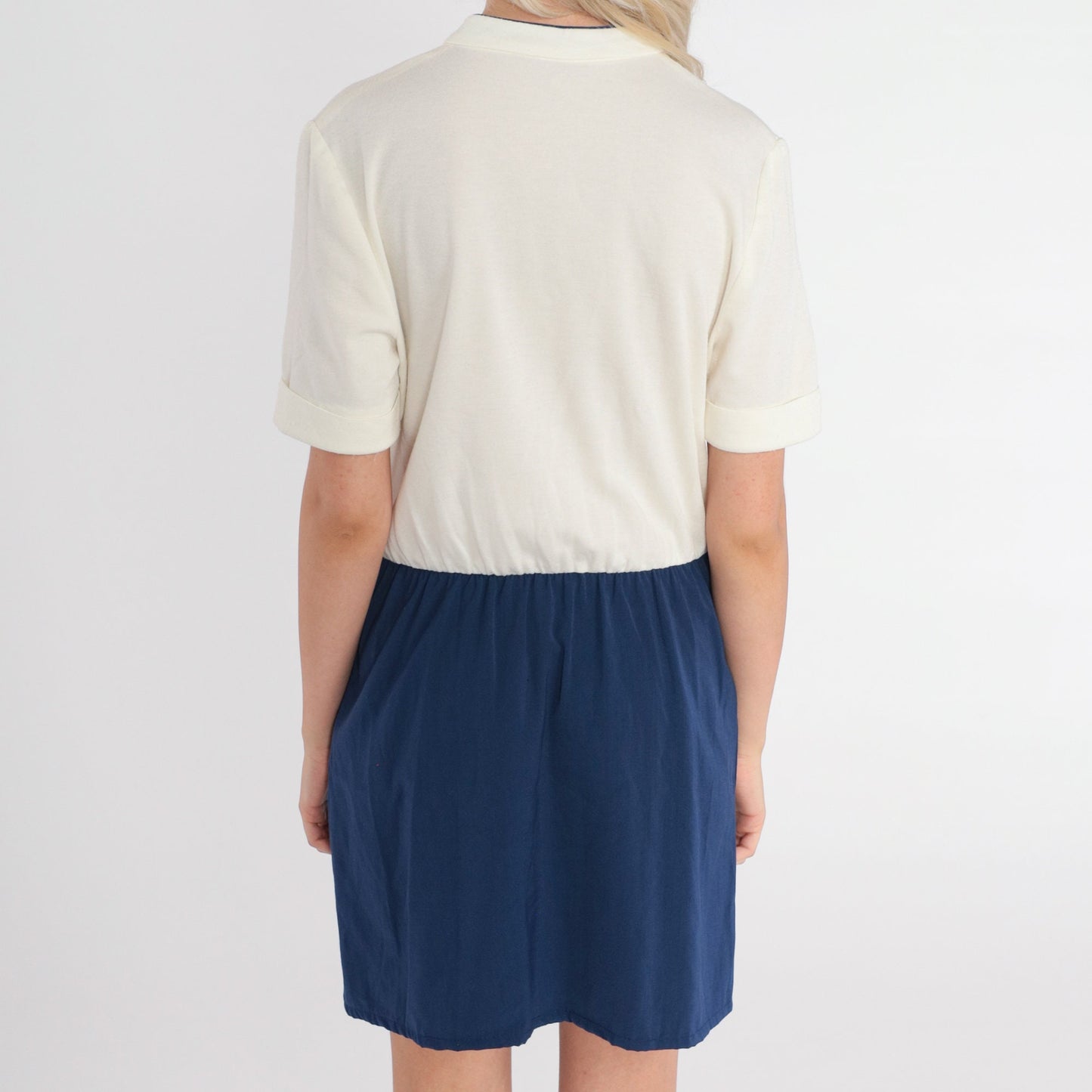 80s White Navy Colorblock Mini Dress Button-Up Shirtwaist Small