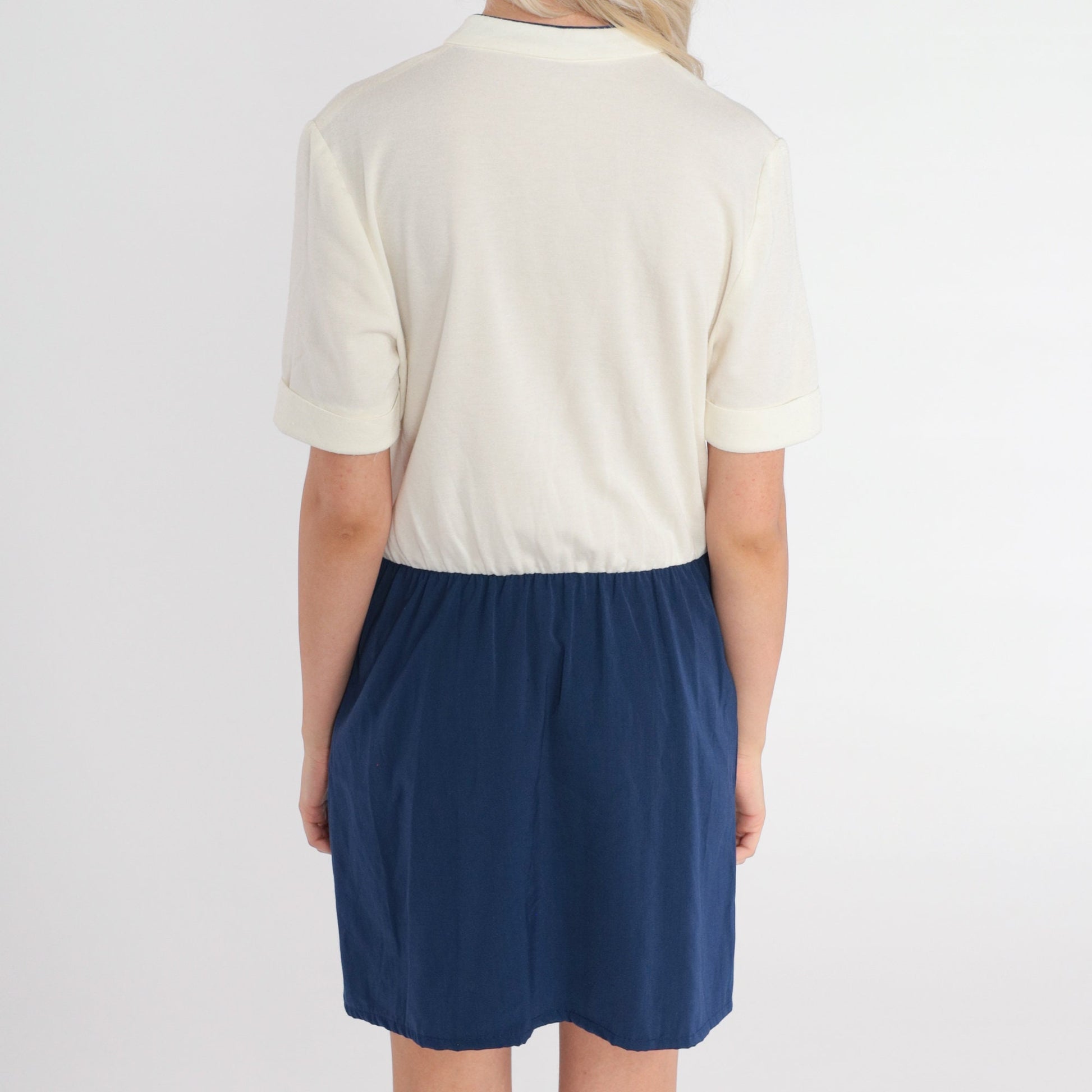 80s White Navy Colorblock Mini Dress Button-Up Shirtwaist Small