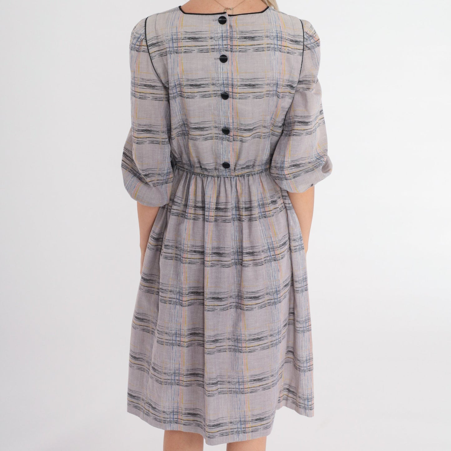 80s Leslie Faye Midi Dress Grey Checkered Puff Sleeve High Waisted Small