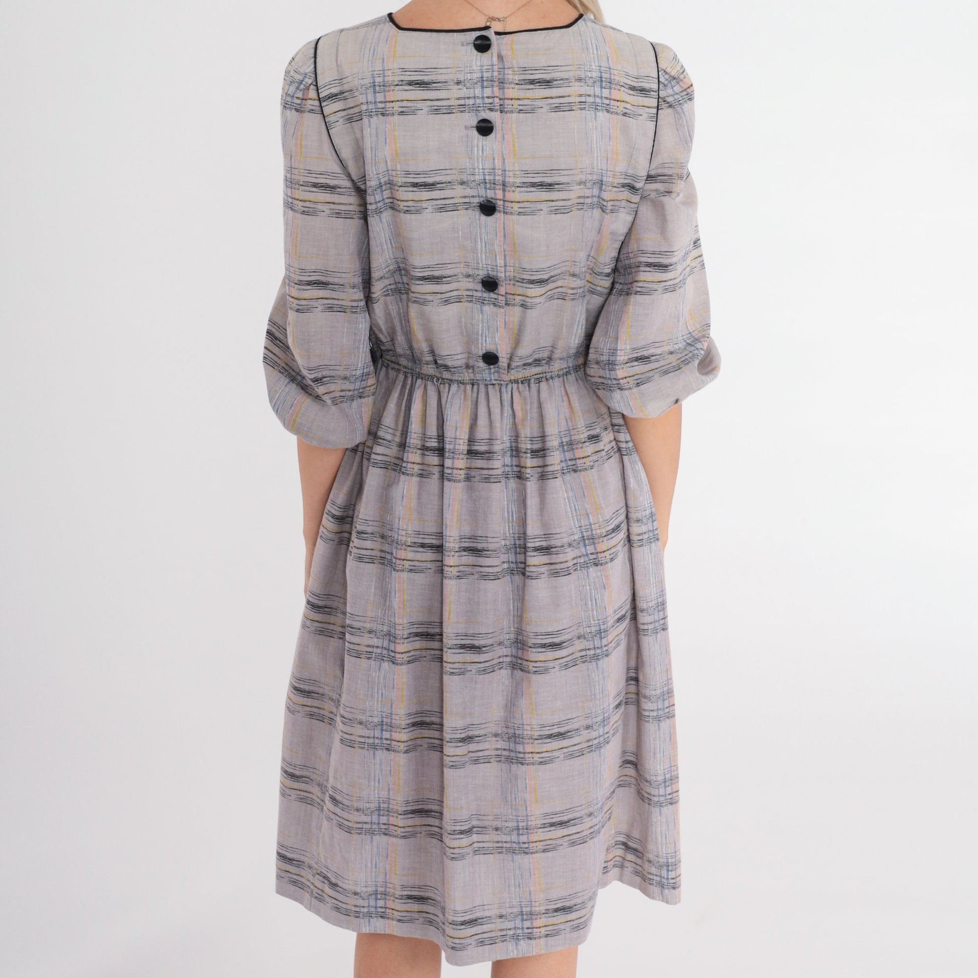 80s Leslie Faye Midi Dress Grey Checkered Puff Sleeve High Waisted Small