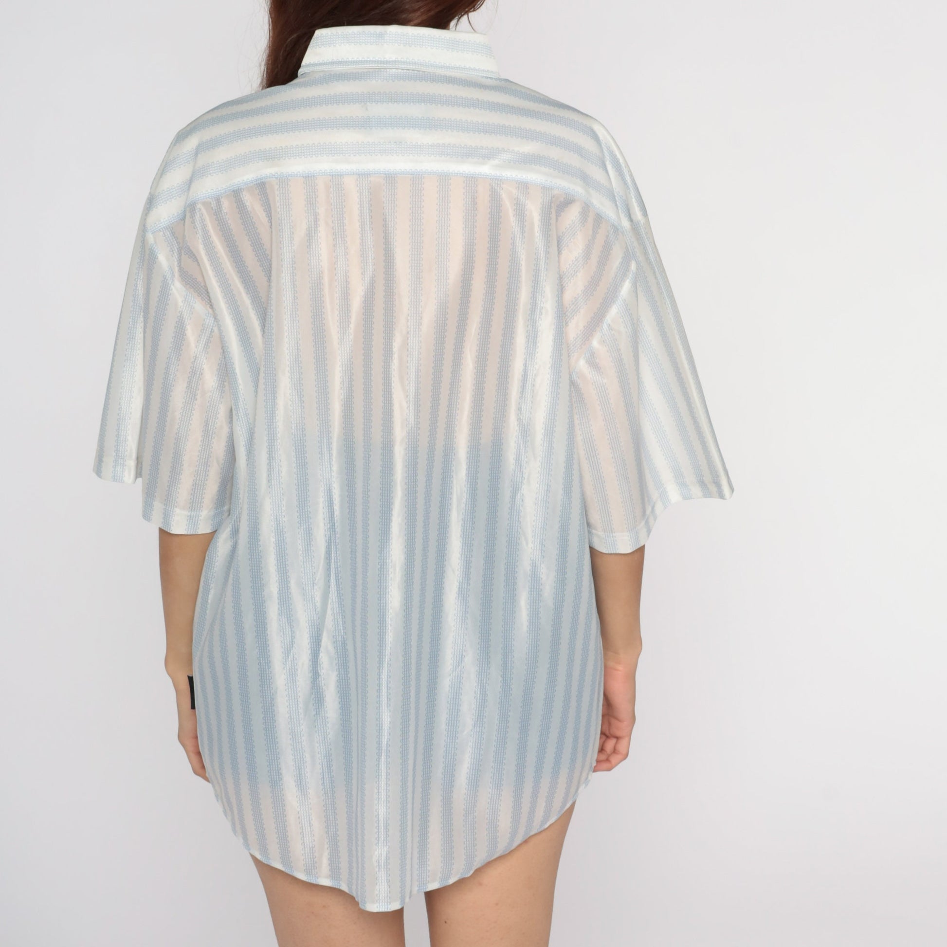 70s Dragonfly Sheer Button Up Shirt White Blue Striped Disco Men's Extra Large