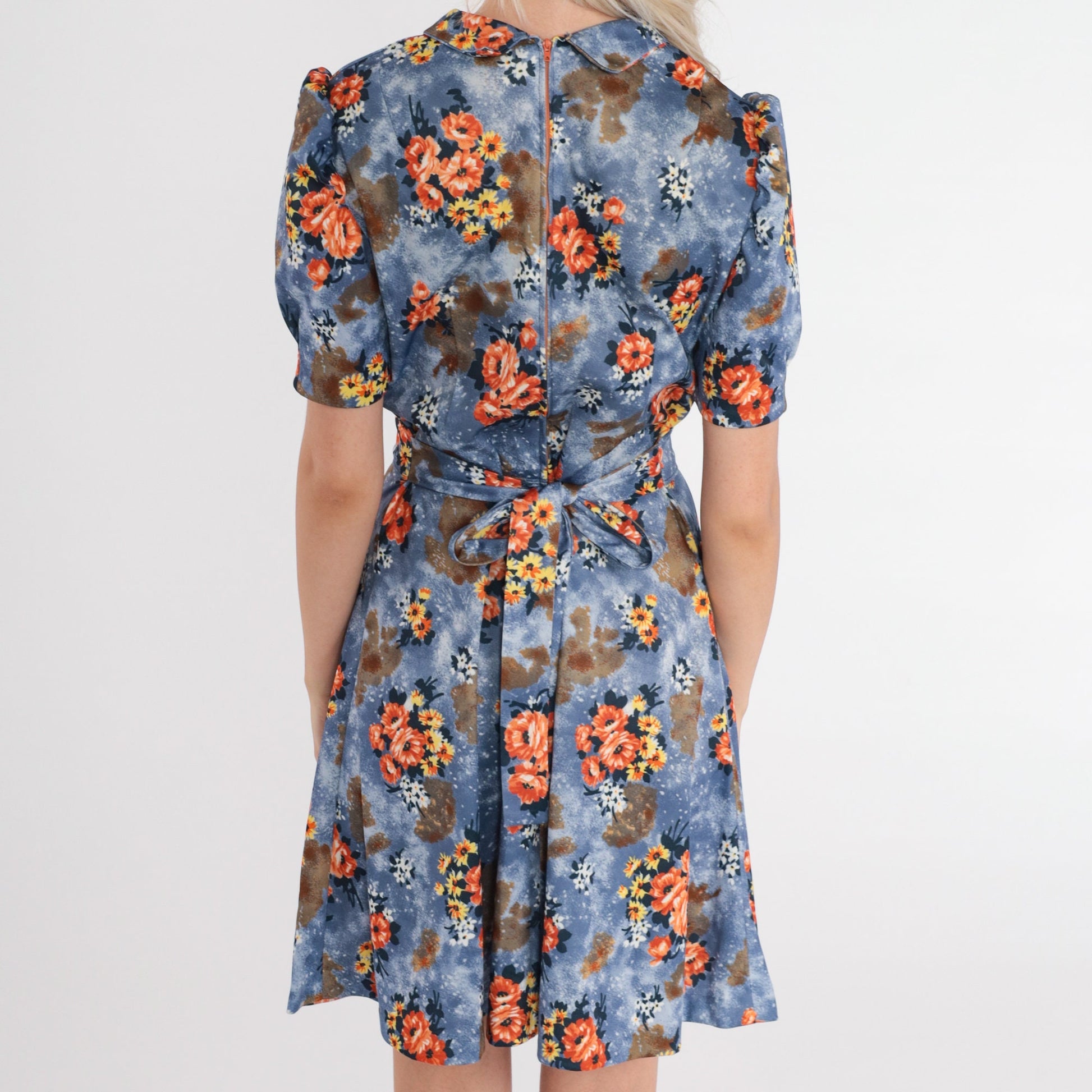 70s Blue Floral Babydoll Mini Dress Puff Sleeve Empire Waist Small S