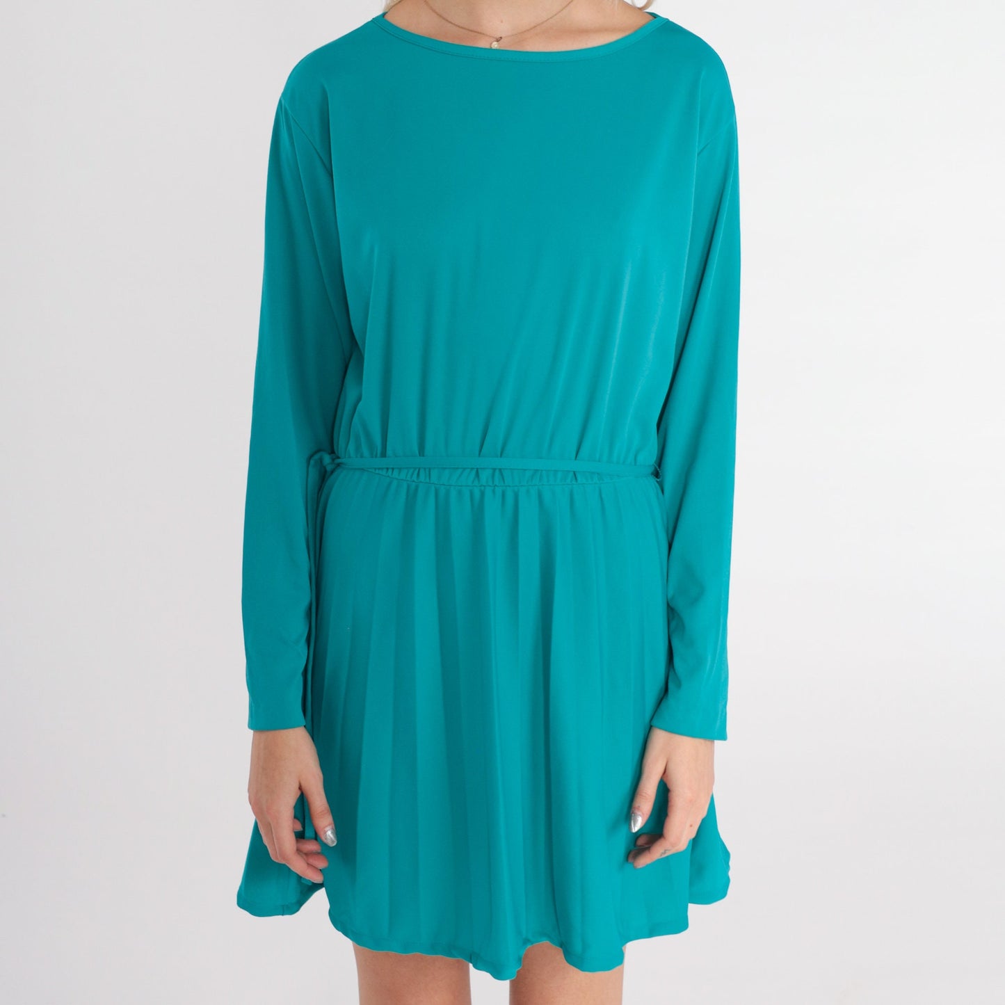80s Teal Green Mini Dress High Waist Long Sleeve Pleated Medium M