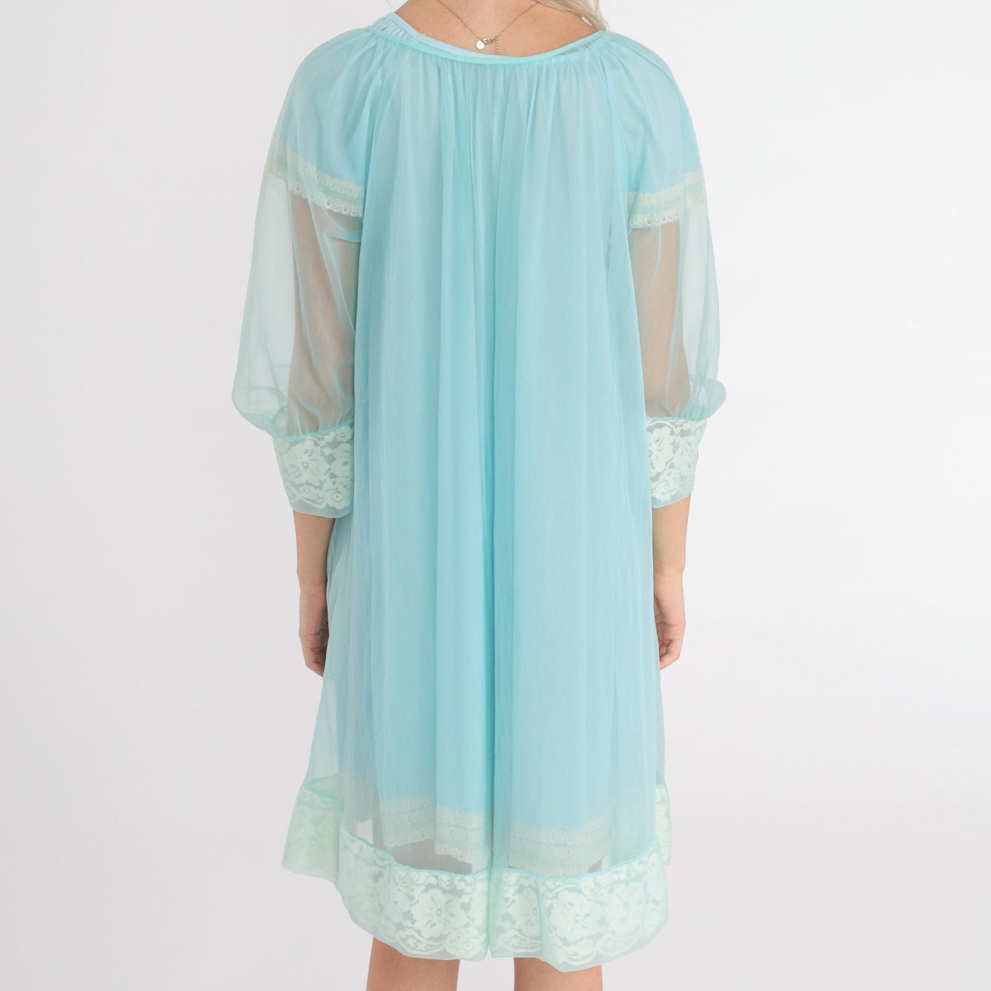 70s Sheer Blue Nylon Lingerie Robe Lace Trim Tie Front Medium M