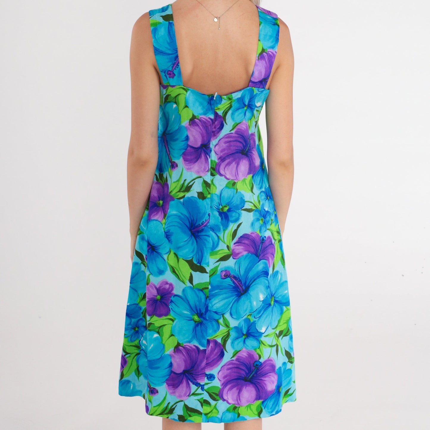70s Tropical Floral A-Line Sundress Sleeveless Knee-Length Cotton Small