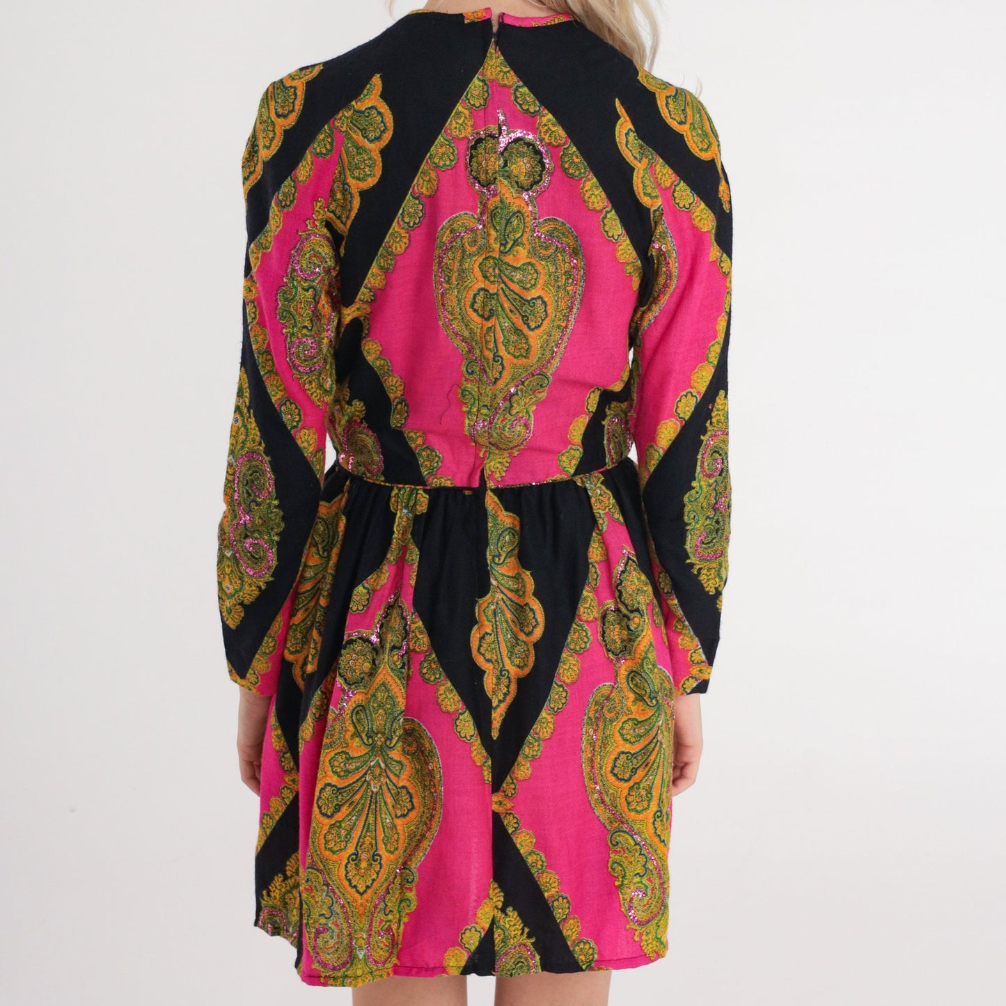 70s Don Sophistics Sequin Mini Dress Indian Floral Paisley Color Block Pink Black Small