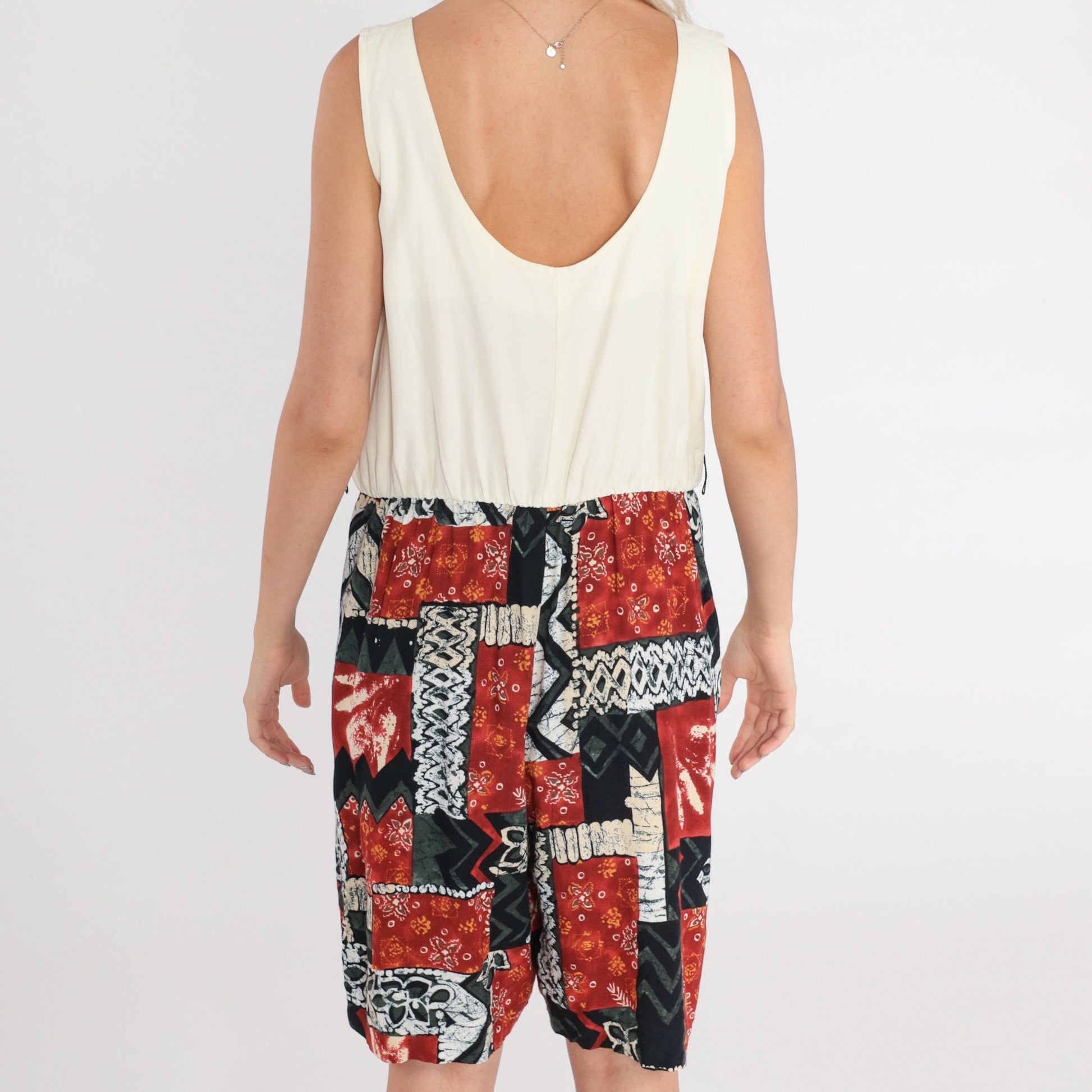 80s Sleeveless Romper Cream Abstract Print Scoop Neck Playsuit Medium M