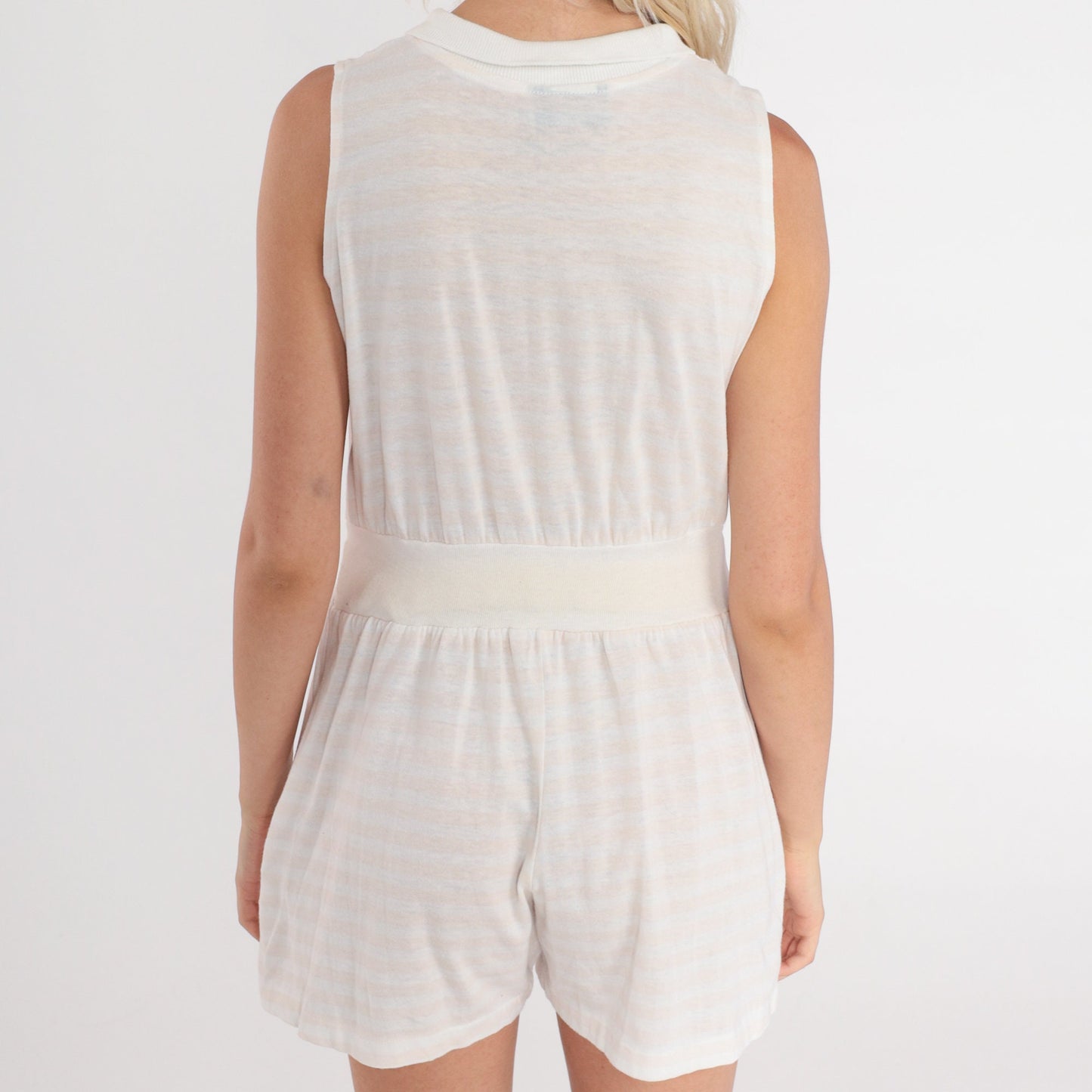 80s White Striped Peach Sleeveless Romper Button-Up High Waist Extra Small