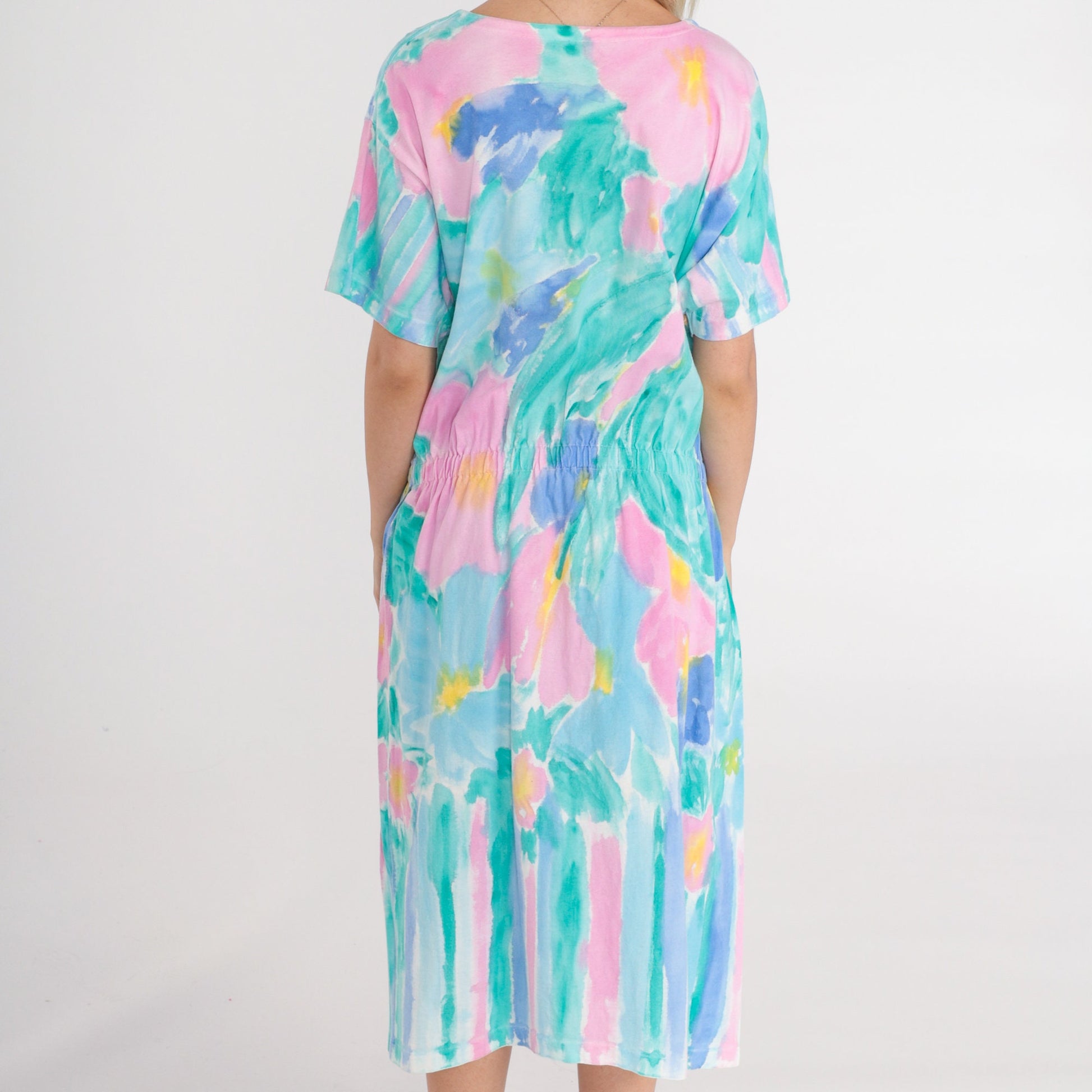 90s Watercolor Floral Midi Dress High Waist Short Sleeve Pink Green Large