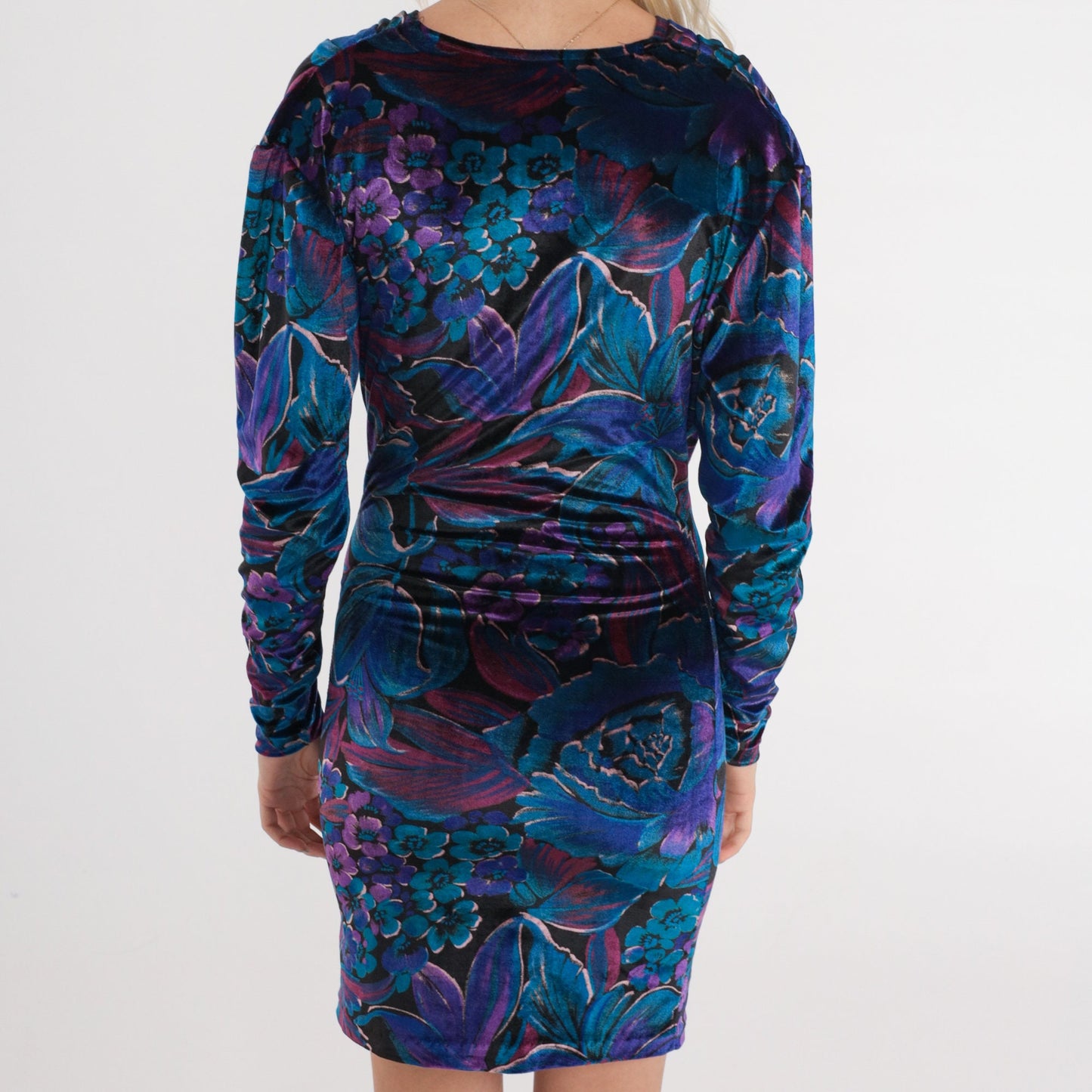 90s Floral Velvet Mini Dress Long Sleeve Empire Waist Blue Purple 2XS