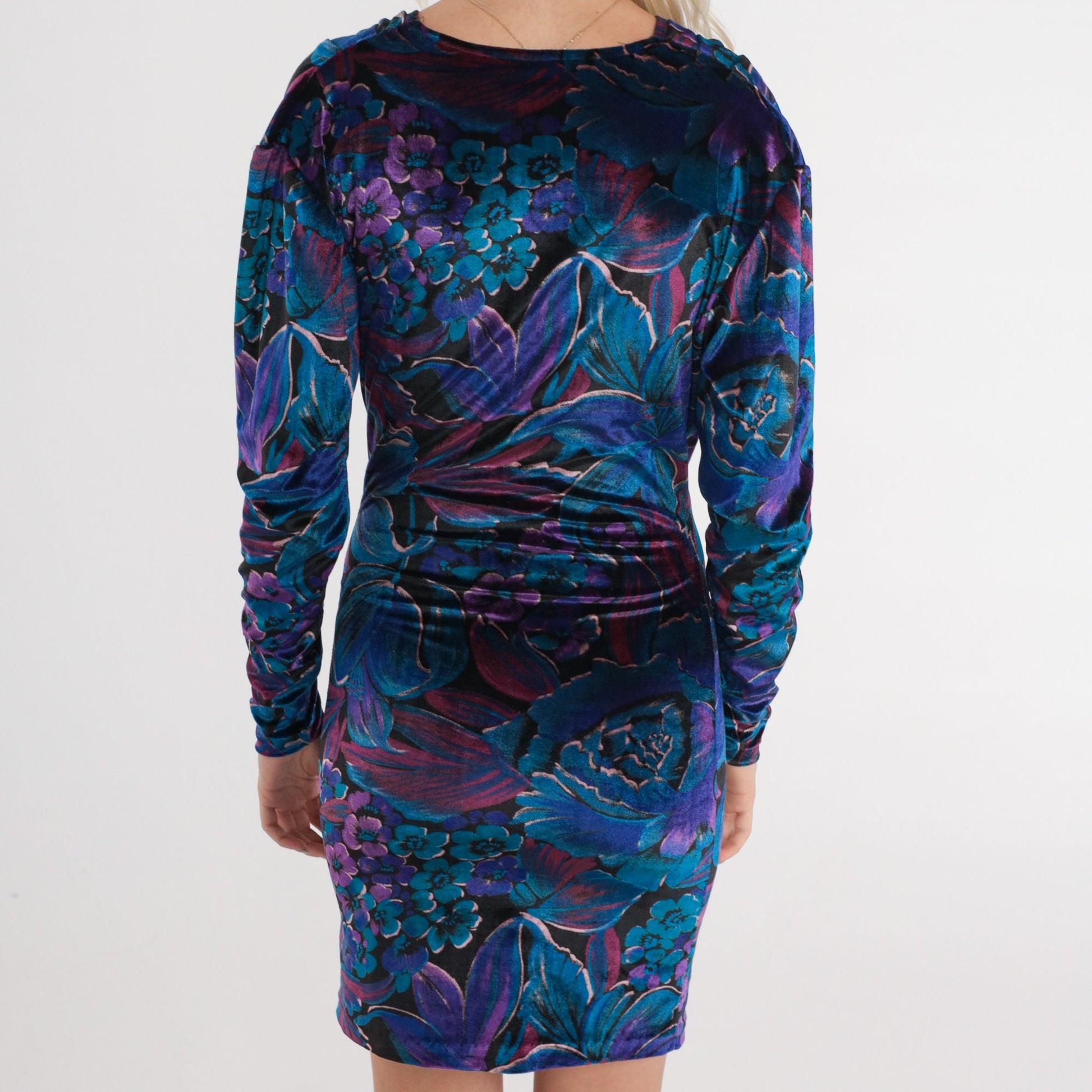 90s Floral Velvet Mini Dress Long Sleeve Empire Waist Blue Purple 2XS