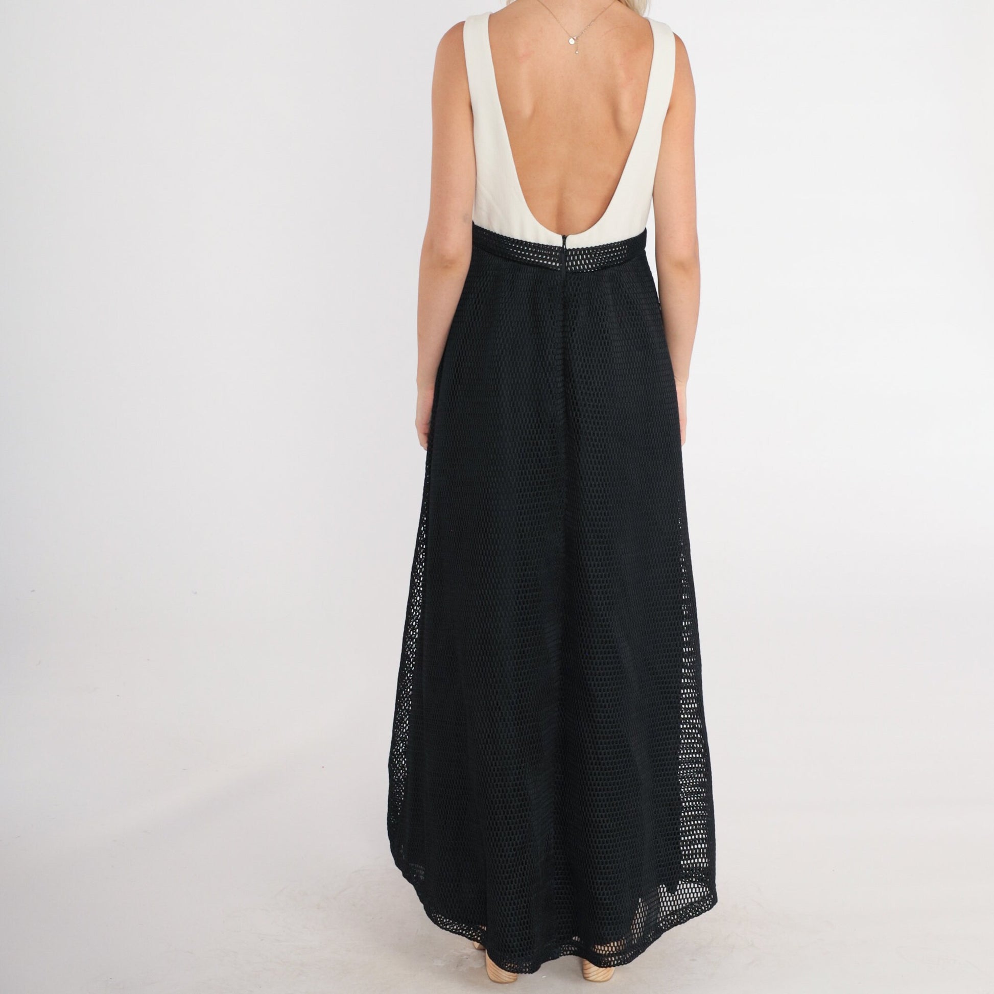 90s Black and White Maxi Dress Sleeveless Low Back High Waist Small