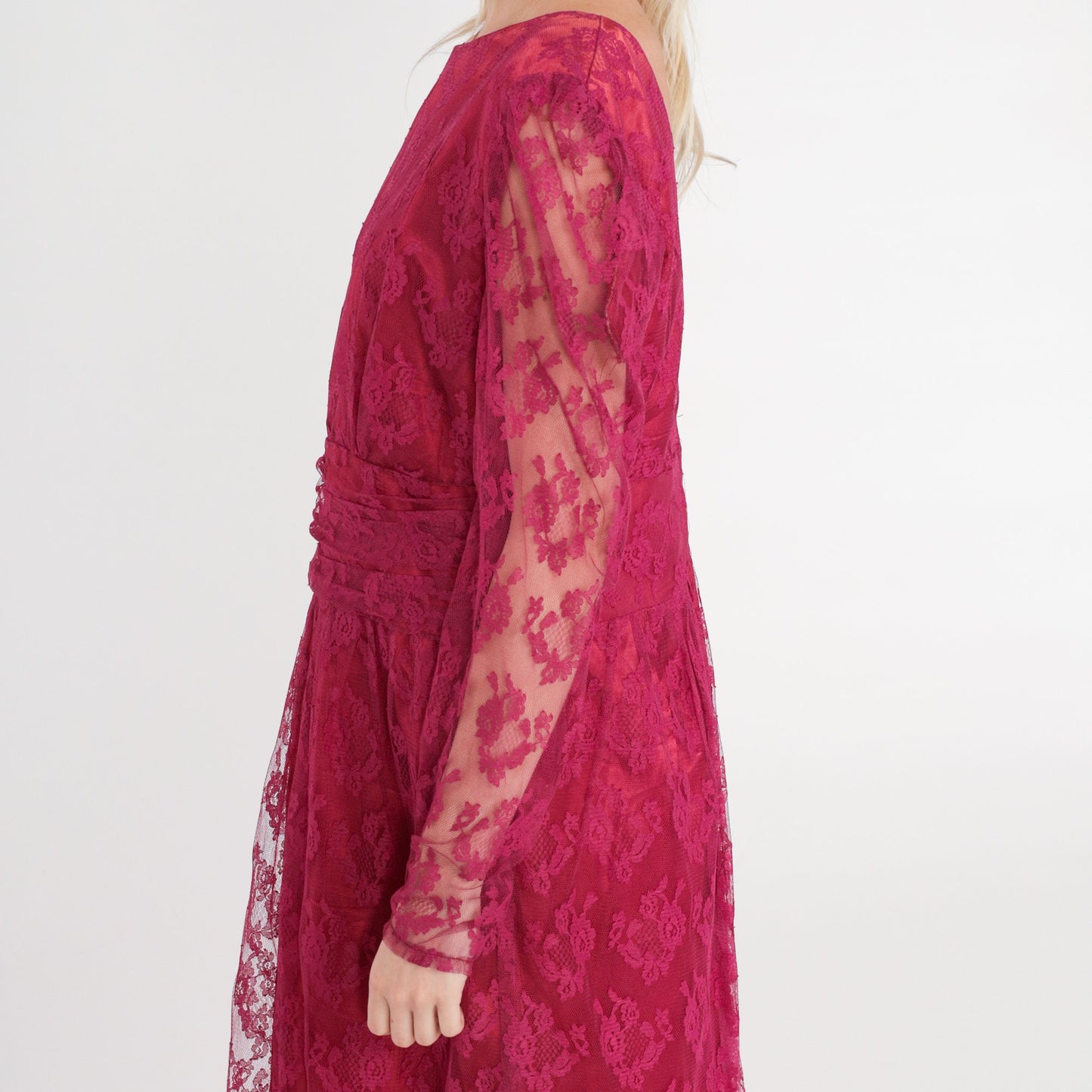 70s Raspberry Lace Midi Dress Puff Sleeve High Waist Low Back Medium