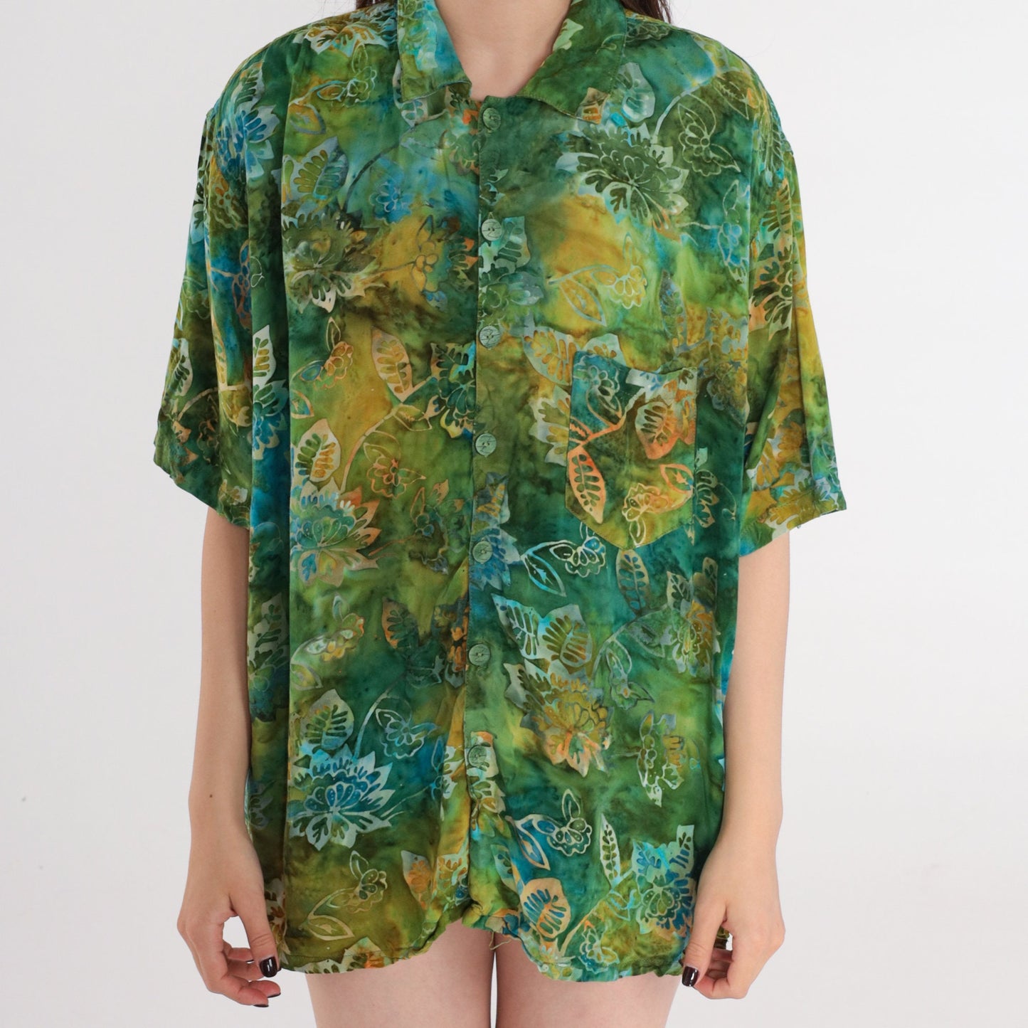 90s Tropical Floral Button Up Shirt Green Tie Dye Men's Large
