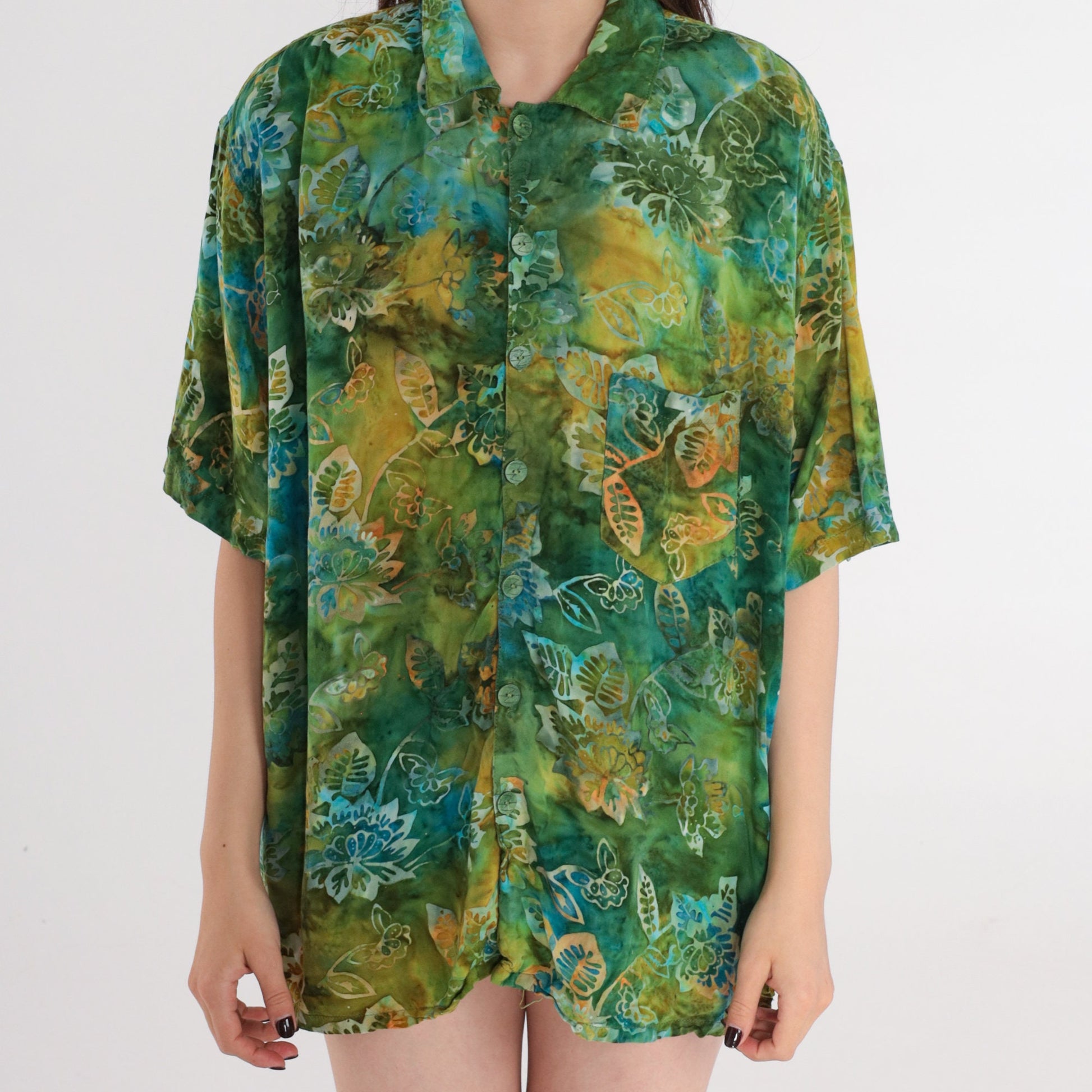 90s Tropical Floral Button Up Shirt Green Tie Dye Men's Large