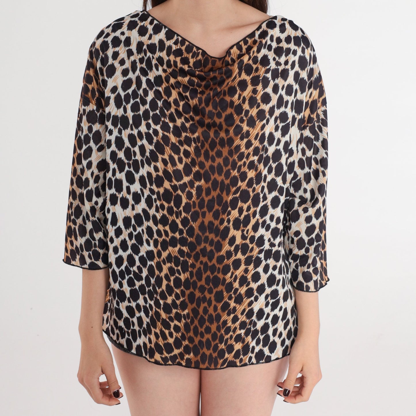 90s Leopard Print Cowl Neck Blouse 3/4 Sleeve Animal Print Medium Large